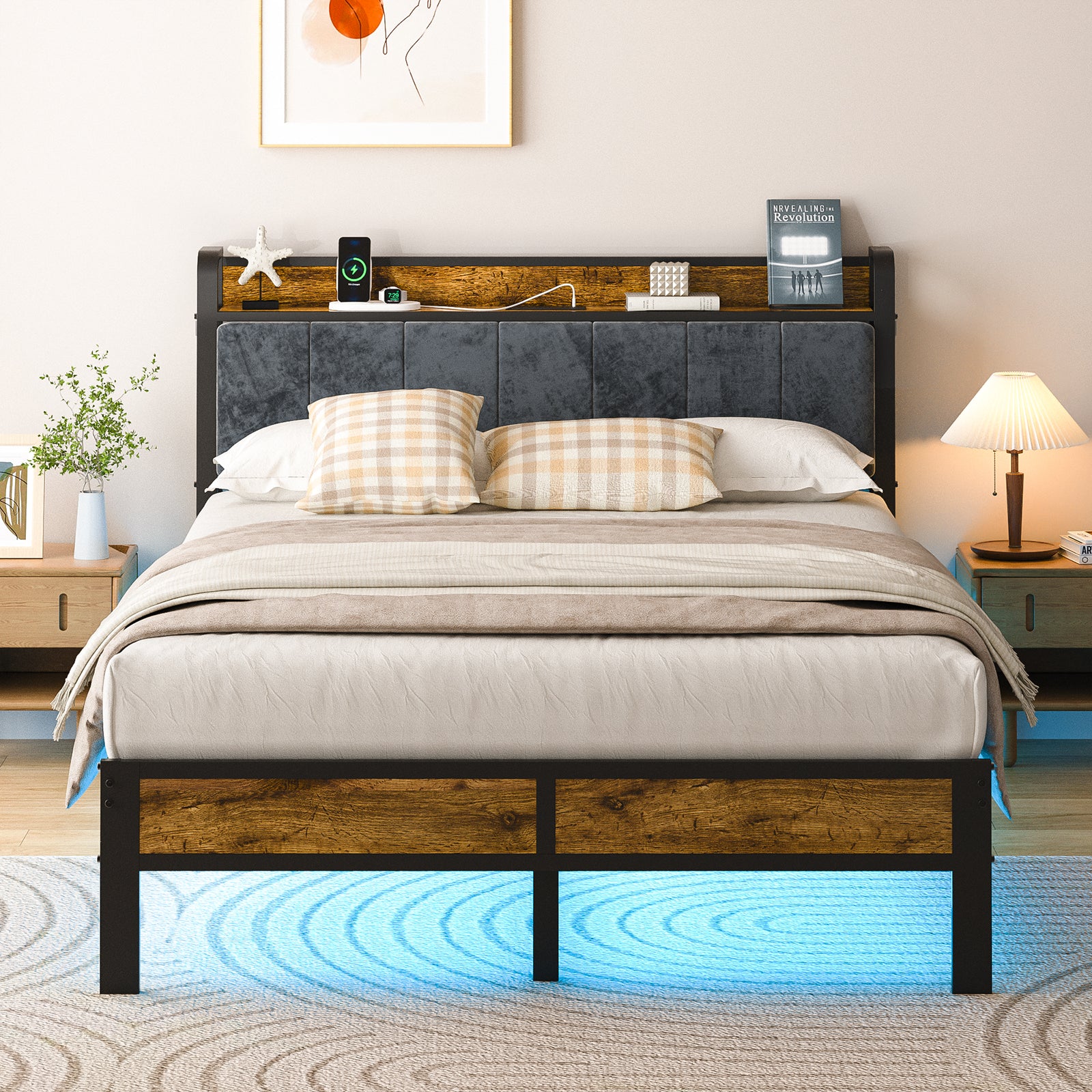 Dayago Queen Size Bed Frame with Storage Headboard and Adjustable LED Light, USB and Type-C Port, Heavy Duty Metal Platform Bed Frame with Under Bed Storage, No Box Spring Needed