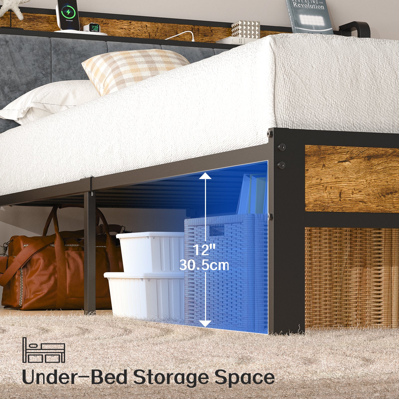 Bexfil Full Size Platform Bed Frame with Storage Headboard, LED Bed Frame with Charging Station, Heavy Duty Metal, Noise-Free, No Box Spring Needed, Easy Assembly