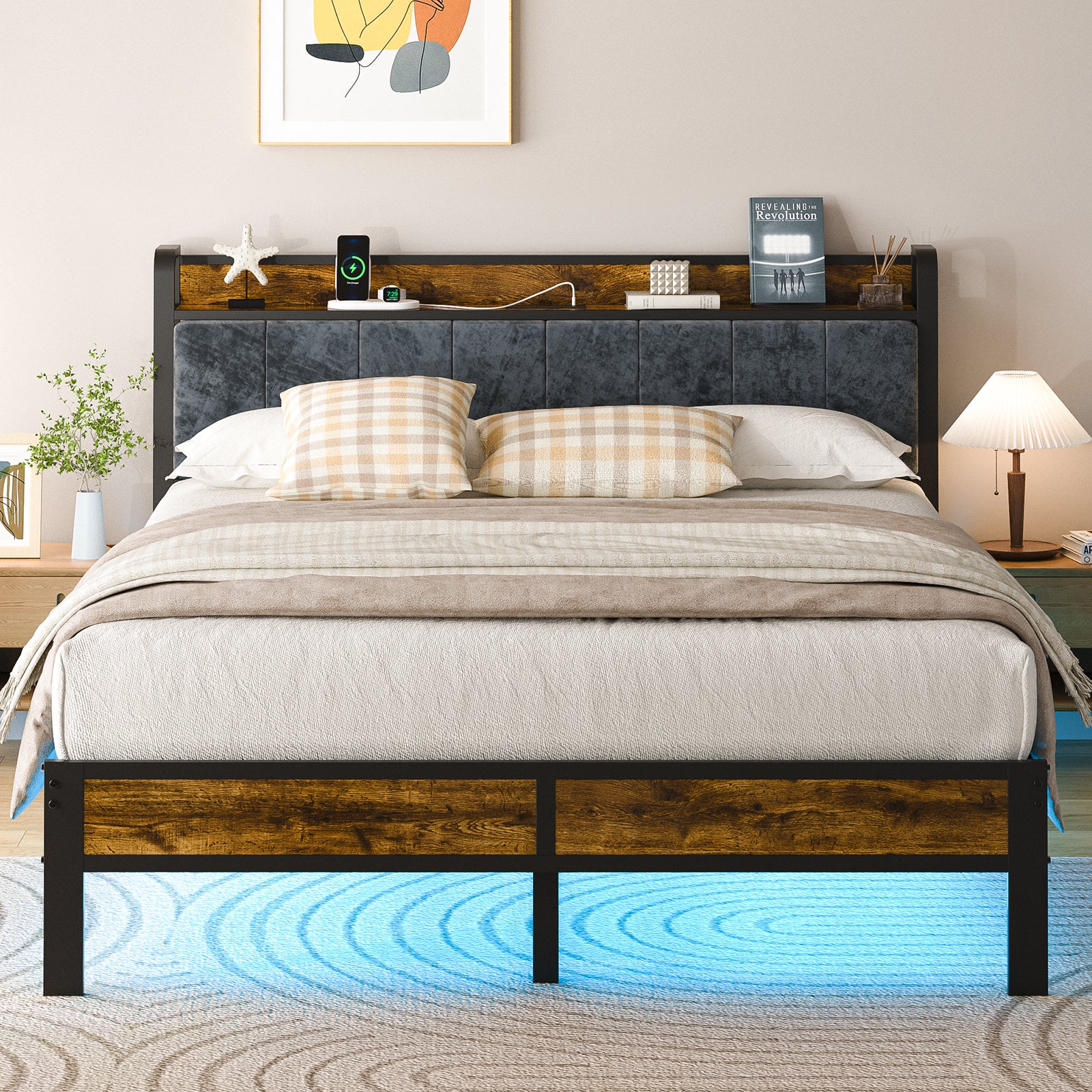Dayago Full Size Bed Frame with Storage Headboard and Adjustable LED Light, USB and Type-C Port, Heavy Duty Metal Platform Bed Frame with Under Bed Storage, No Box Spring Needed