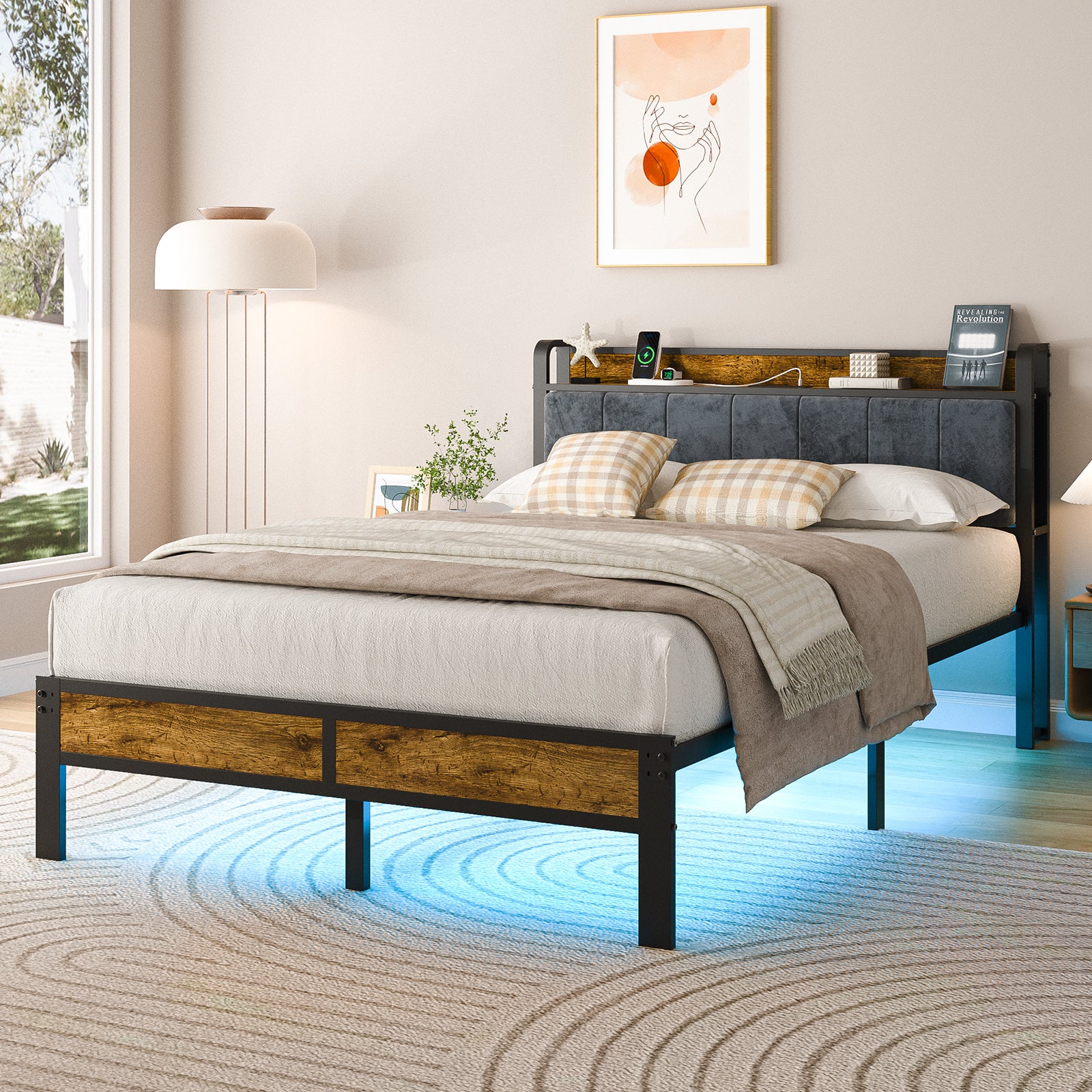 Dayago Queen Size Bed Frame with Storage Headboard and Adjustable LED Light, USB and Type-C Port, Heavy Duty Metal Platform Bed Frame with Under Bed Storage, No Box Spring Needed