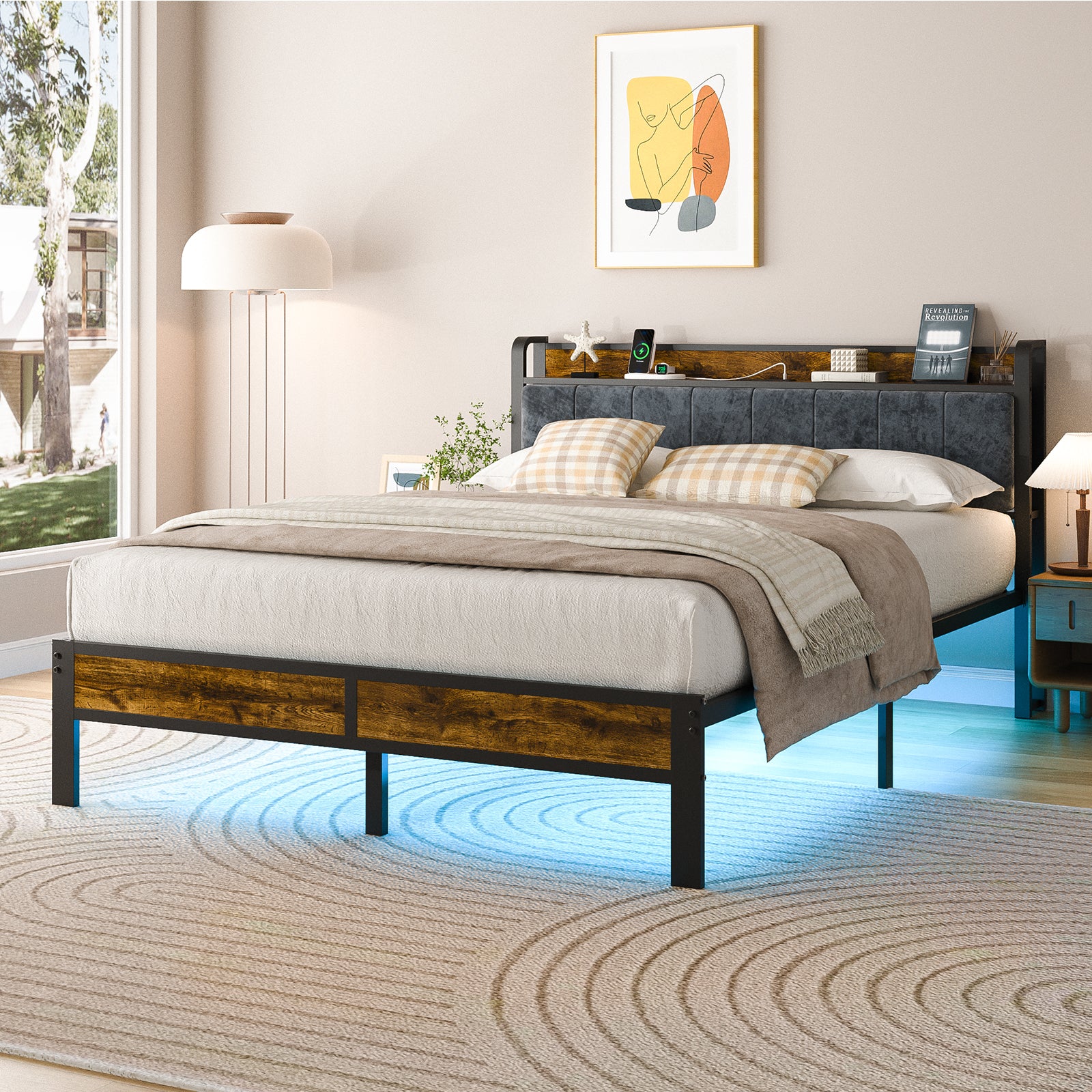 Dayago Full Size Bed Frame with Storage Headboard and Adjustable LED Light, USB and Type-C Port, Heavy Duty Metal Platform Bed Frame with Under Bed Storage, No Box Spring Needed