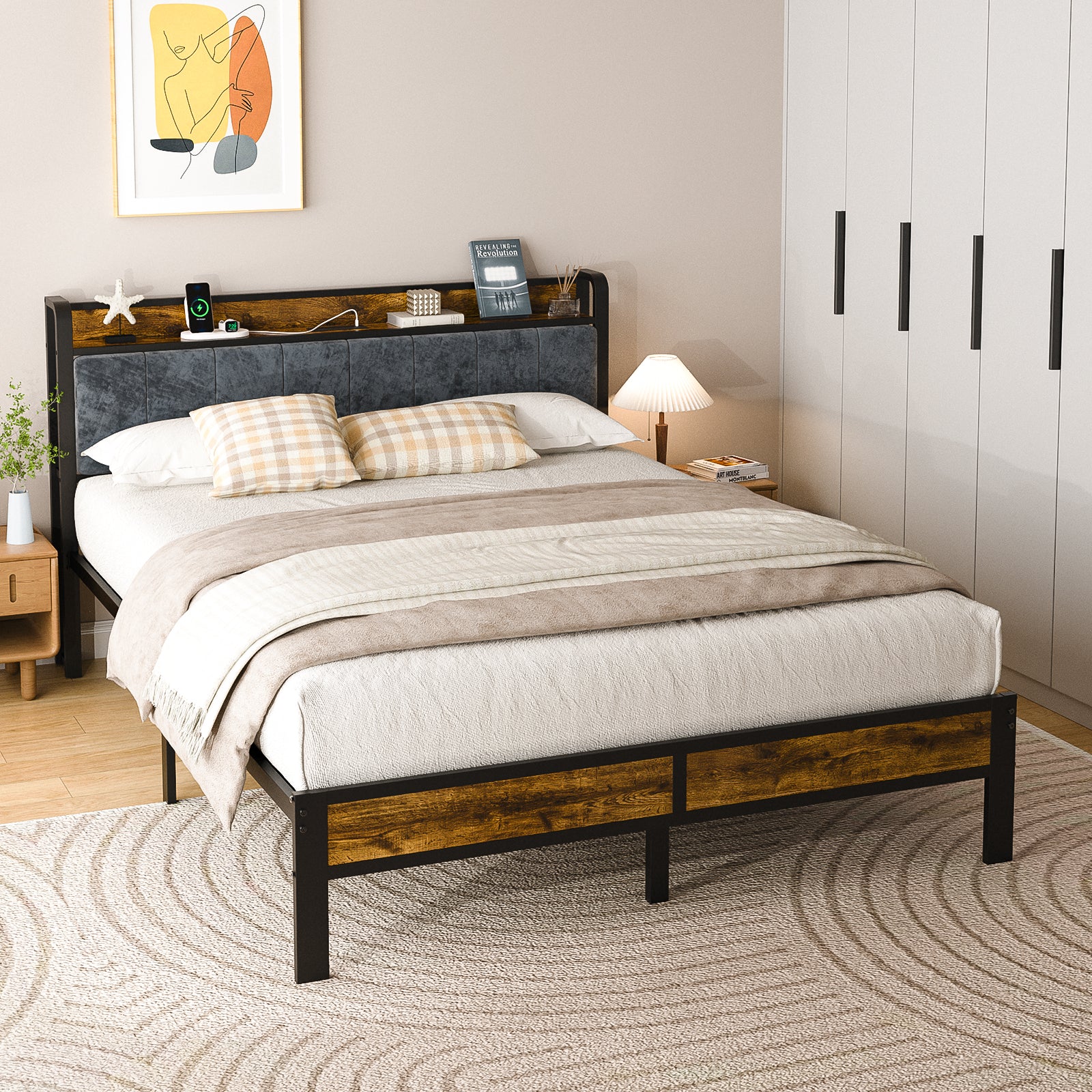 Dayago Full Size Bed Frame with Storage Headboard and Adjustable LED Light, USB and Type-C Port, Heavy Duty Metal Platform Bed Frame with Under Bed Storage, No Box Spring Needed