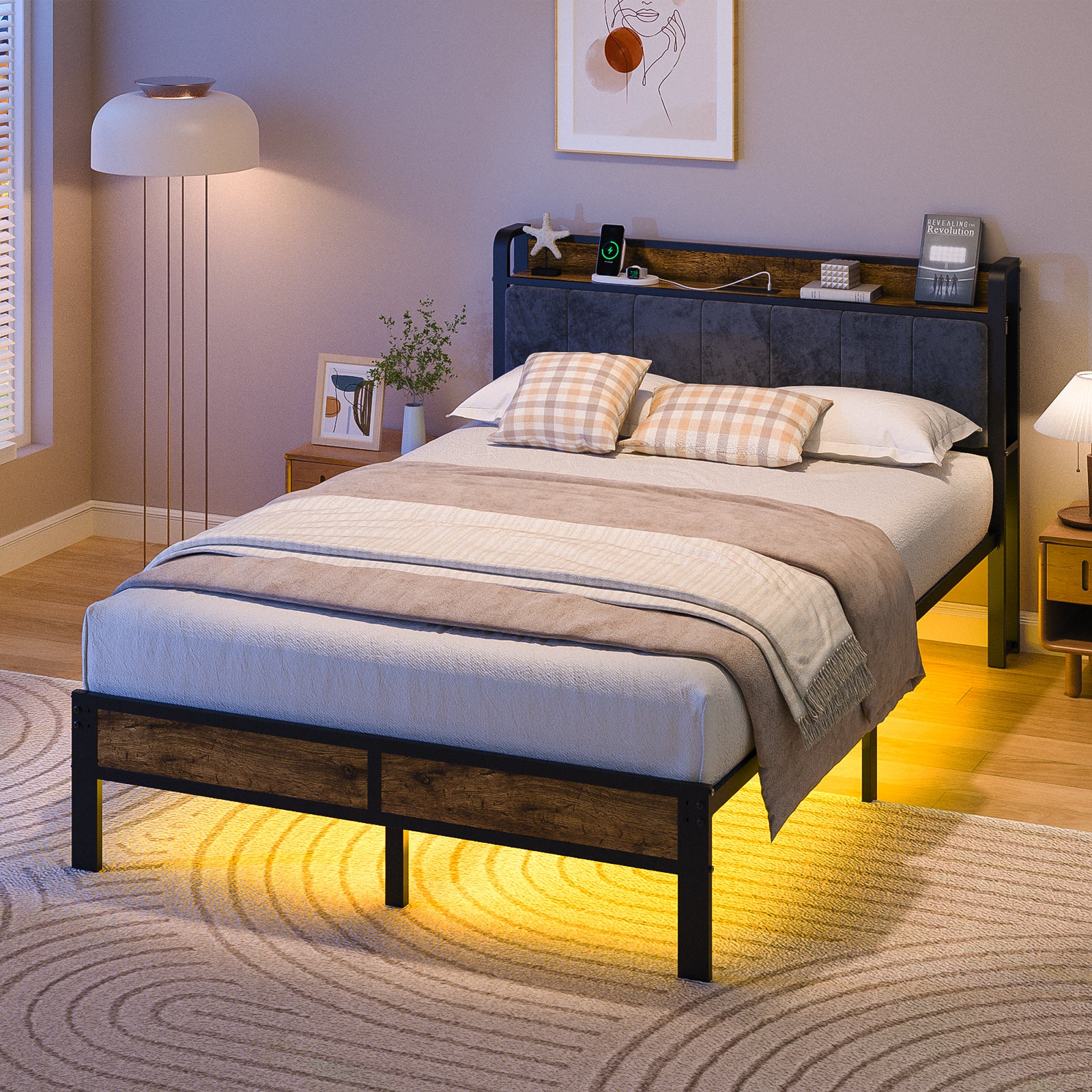 Dayago Queen Size Bed Frame with Storage Headboard and Adjustable LED Light, USB and Type-C Port, Heavy Duty Metal Platform Bed Frame with Under Bed Storage, No Box Spring Needed