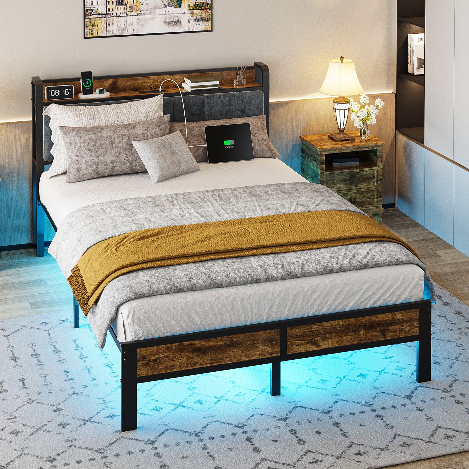 Dayago Queen Size Bed Frame with Storage Headboard and Adjustable LED Light, USB and Type-C Port, Heavy Duty Metal Platform Bed Frame with Under Bed Storage, No Box Spring Needed