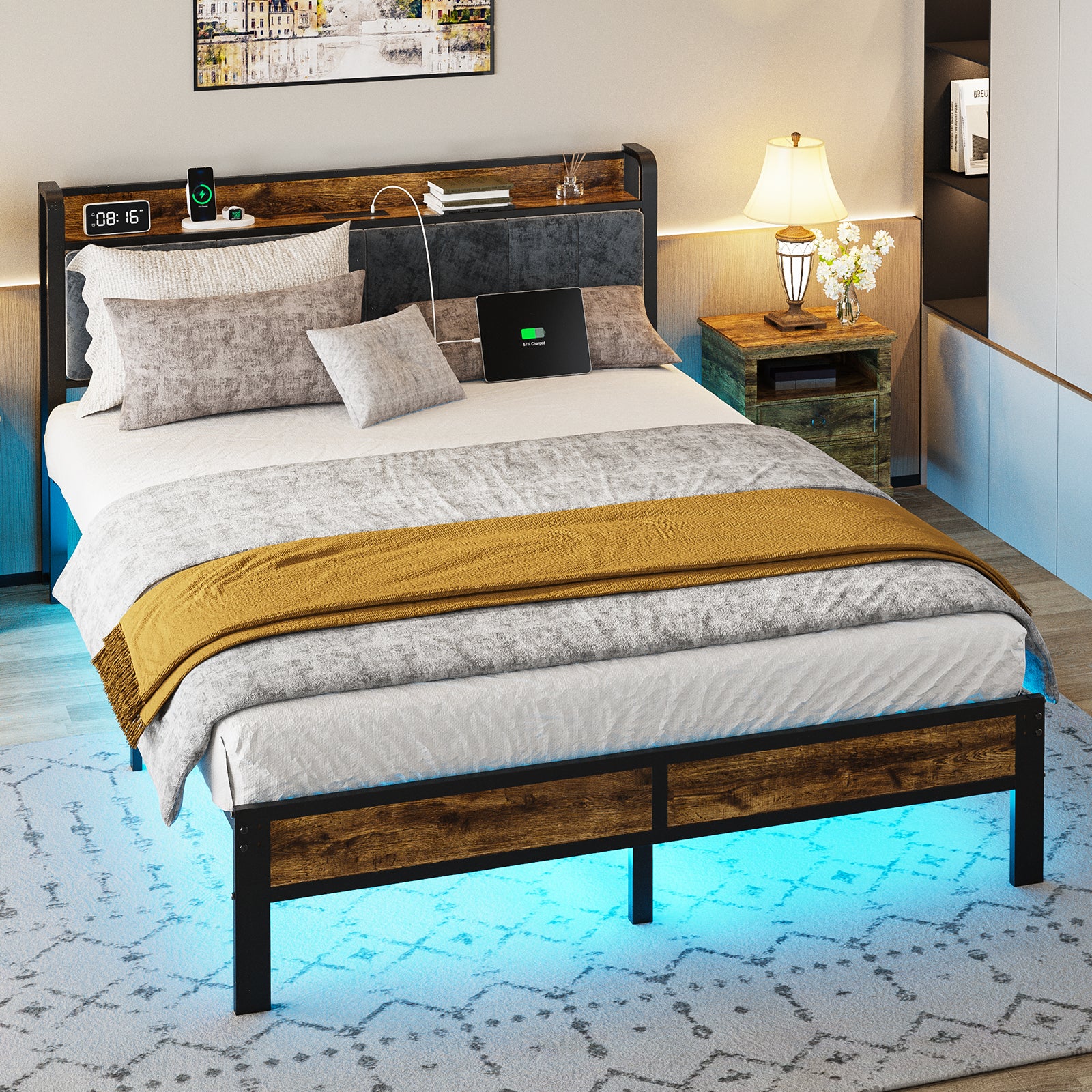 Dayago Full Size Bed Frame with Storage Headboard and Adjustable LED Light, USB and Type-C Port, Heavy Duty Metal Platform Bed Frame with Under Bed Storage, No Box Spring Needed