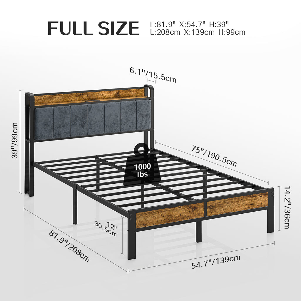 Bexfil Full Size Platform Bed Frame with Storage Headboard, LED Bed Frame with Charging Station, Heavy Duty Metal, Noise-Free, No Box Spring Needed, Easy Assembly