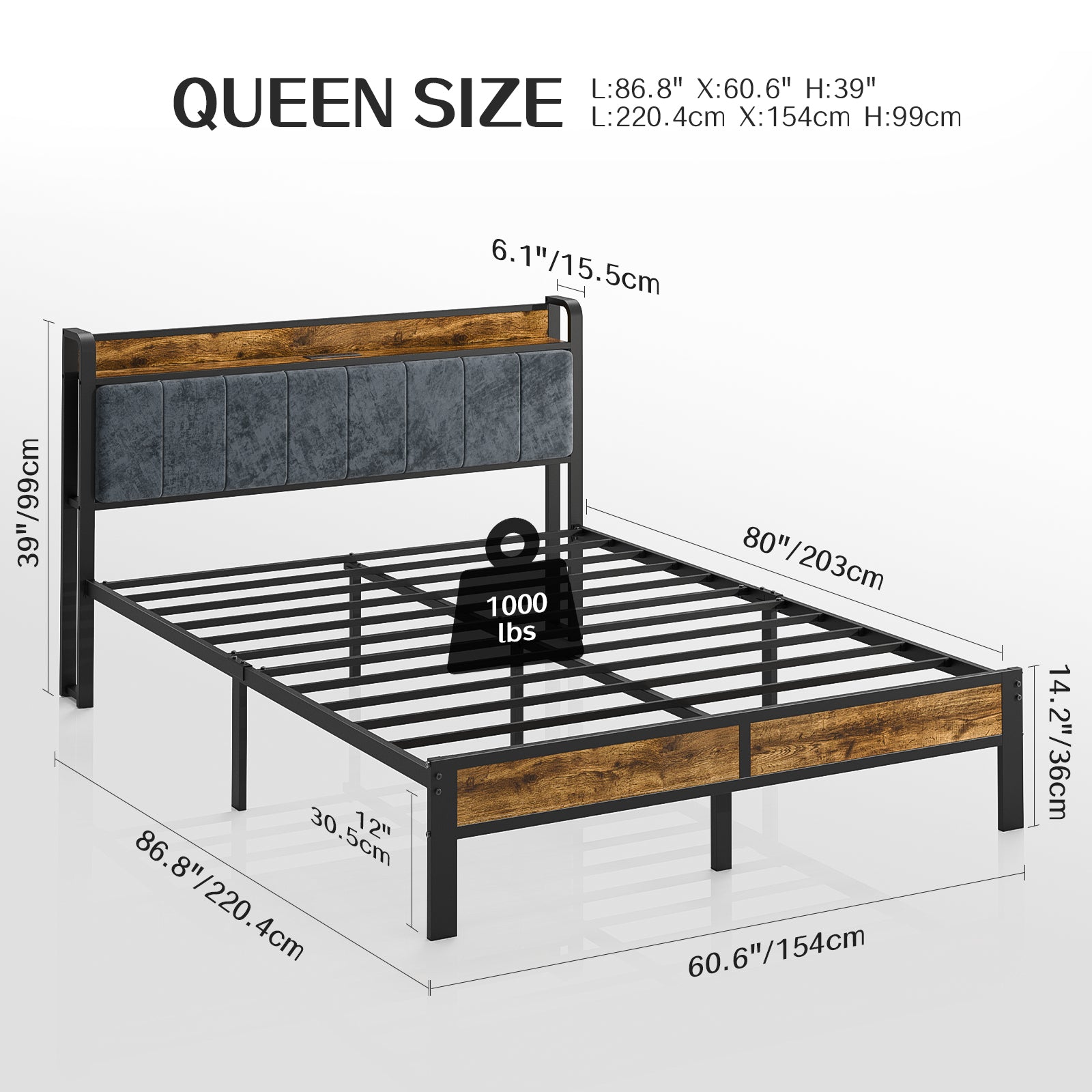 Bexfil Queen Size Platform Bed Frame with Storage Headboard, LED Bed Frame with Charging Station, Heavy Duty Metal, Noise-Free, No Box Spring Needed, Easy Assembly