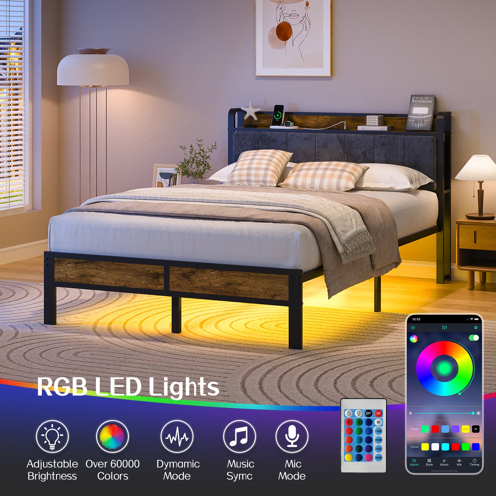Dayago Queen Size Bed Frame with Storage Headboard and Adjustable LED Light, USB and Type-C Port, Heavy Duty Metal Platform Bed Frame with Under Bed Storage, No Box Spring Needed