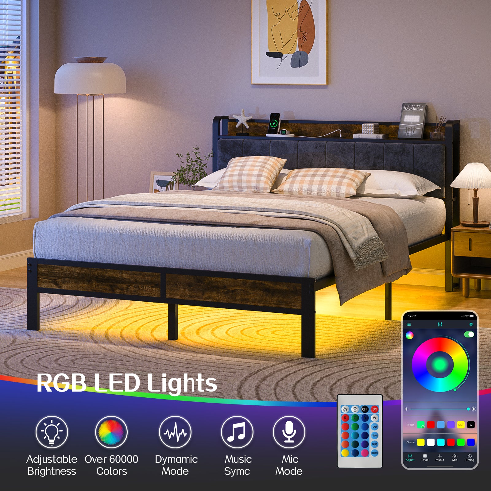 Dayago Full Size Bed Frame with Storage Headboard and Adjustable LED Light, USB and Type-C Port, Heavy Duty Metal Platform Bed Frame with Under Bed Storage, No Box Spring Needed