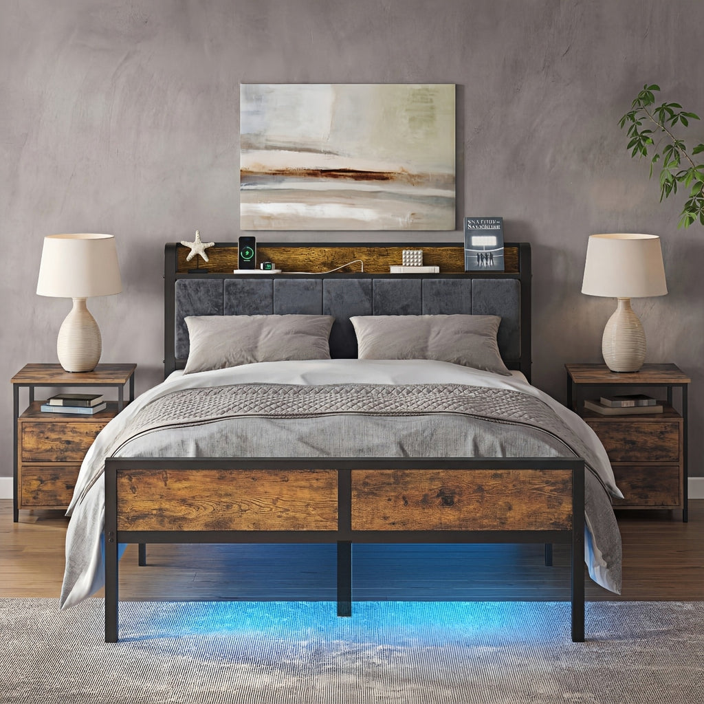 Dayago Queen Size Bed Frame with Upholstered, LED Light, Platform Bed with Charging Station, No Box Spring Required