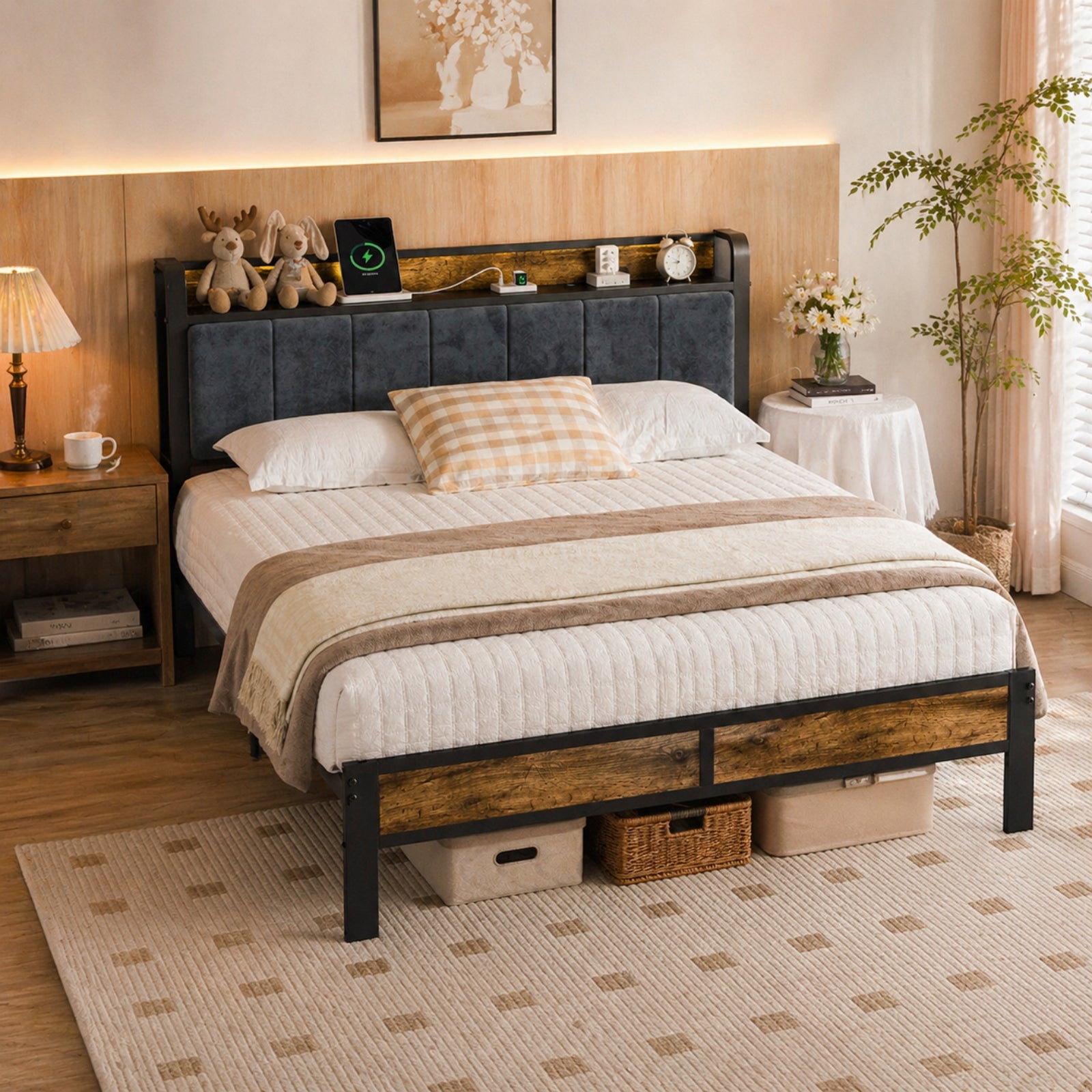 Bexfil Queen Size Platform Bed Frame with Storage Headboard, LED Bed Frame with Charging Station, Heavy Duty Metal, Noise-Free, No Box Spring Needed, Easy Assembly