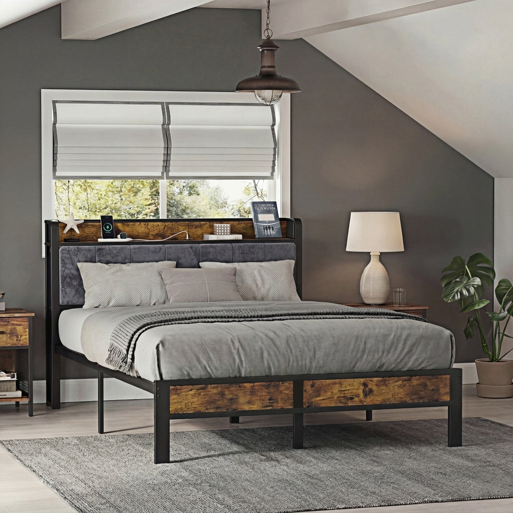 Dayago Full Size Platform Bed Frame with Headboard, USB Charging Station and LED Light, Under Bed Storage, No Box Spring Needed, Noise-Free