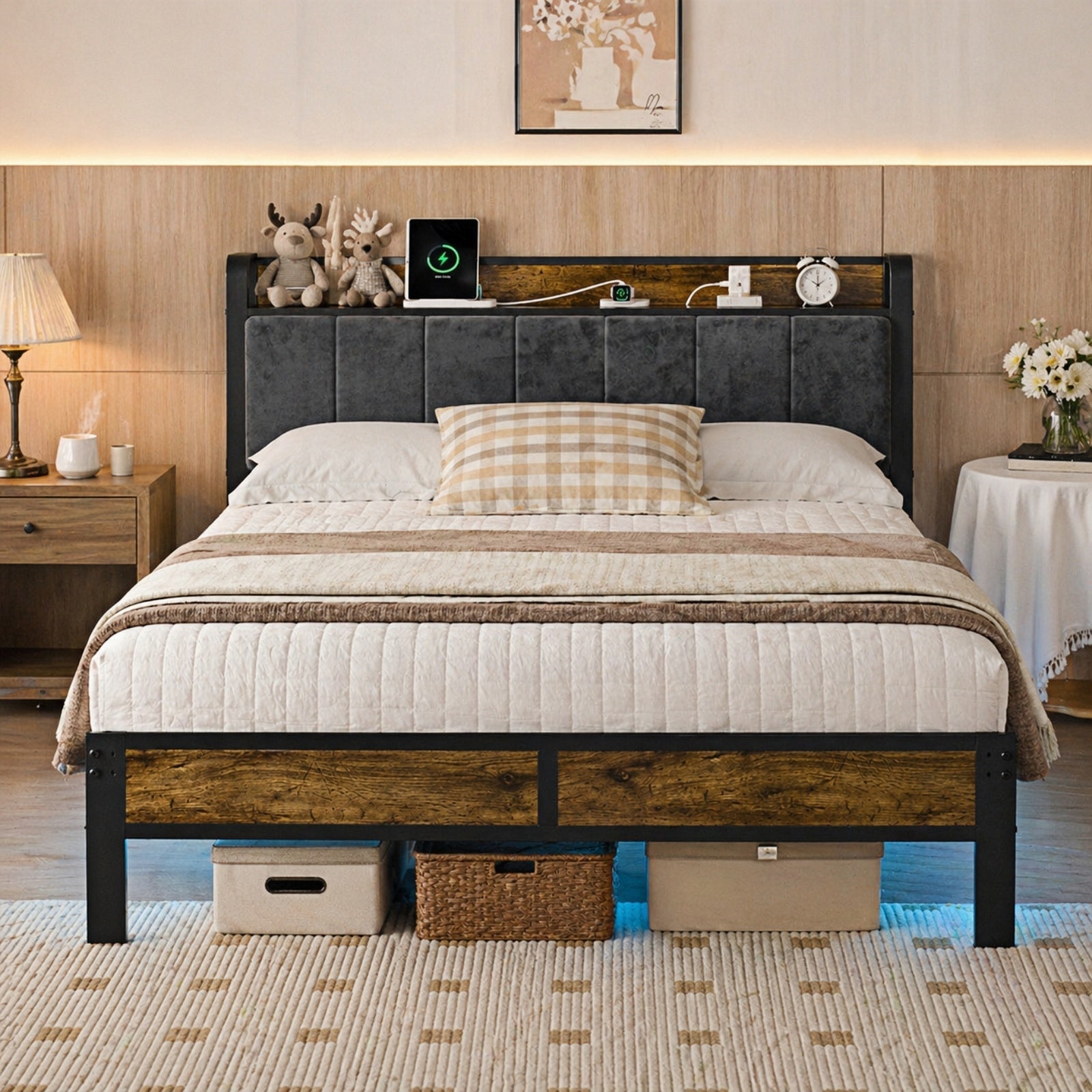 Bexfil Full Size Platform Bed Frame with Storage Headboard, LED Bed Frame with Charging Station, Heavy Duty Metal, Noise-Free, No Box Spring Needed, Easy Assembly