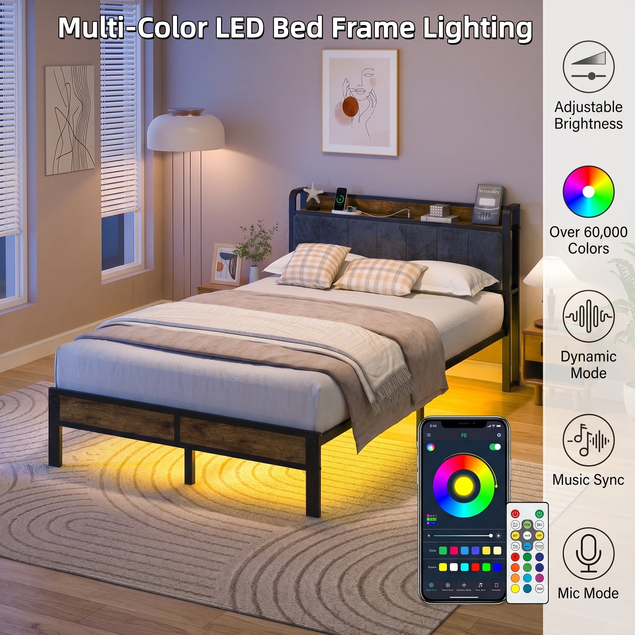 Bexfil Full Size Platform Bed Frame with Storage Headboard, LED Bed Frame with Charging Station, Heavy Duty Metal, Noise-Free, No Box Spring Needed, Easy Assembly