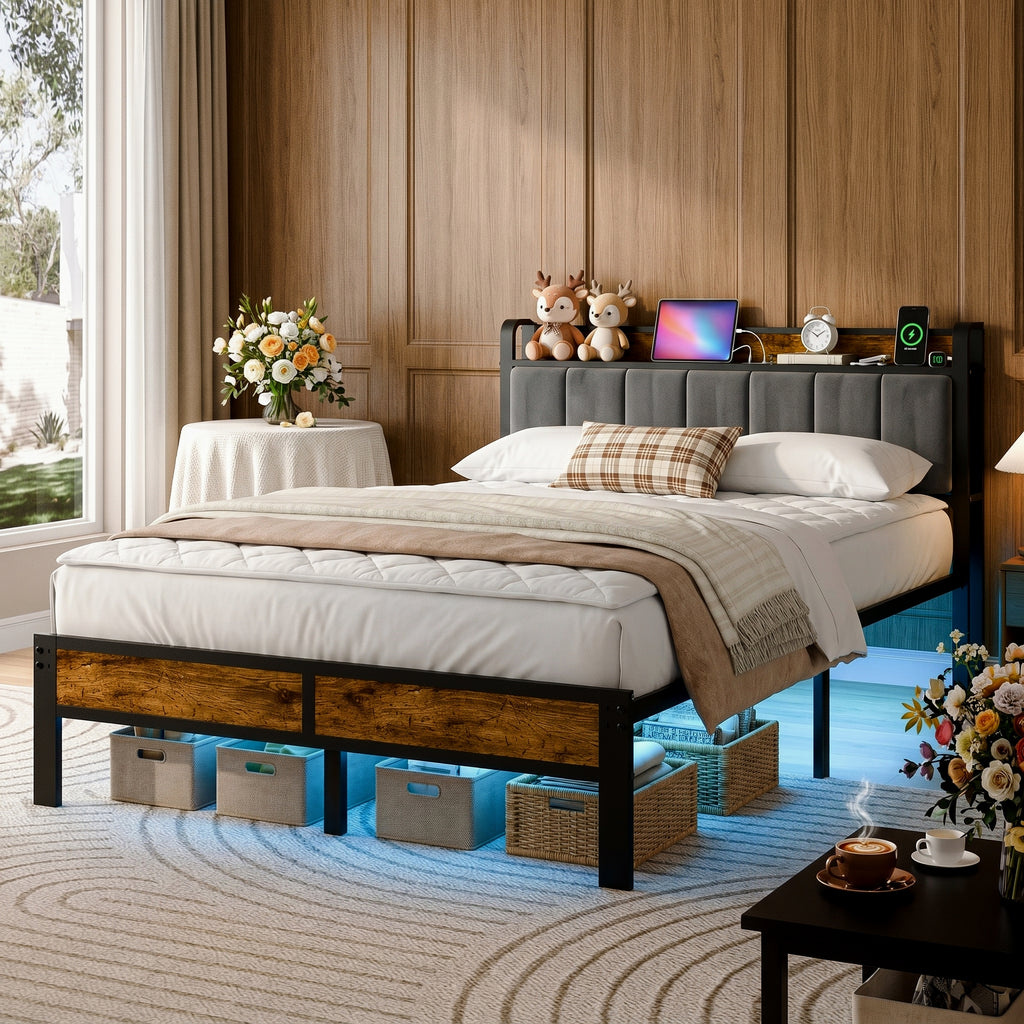 Bexfil Queen Size Platform Bed Frame with Storage Headboard, LED Bed Frame with Charging Station, Heavy Duty Metal, Noise-Free, No Box Spring Needed, Easy Assembly