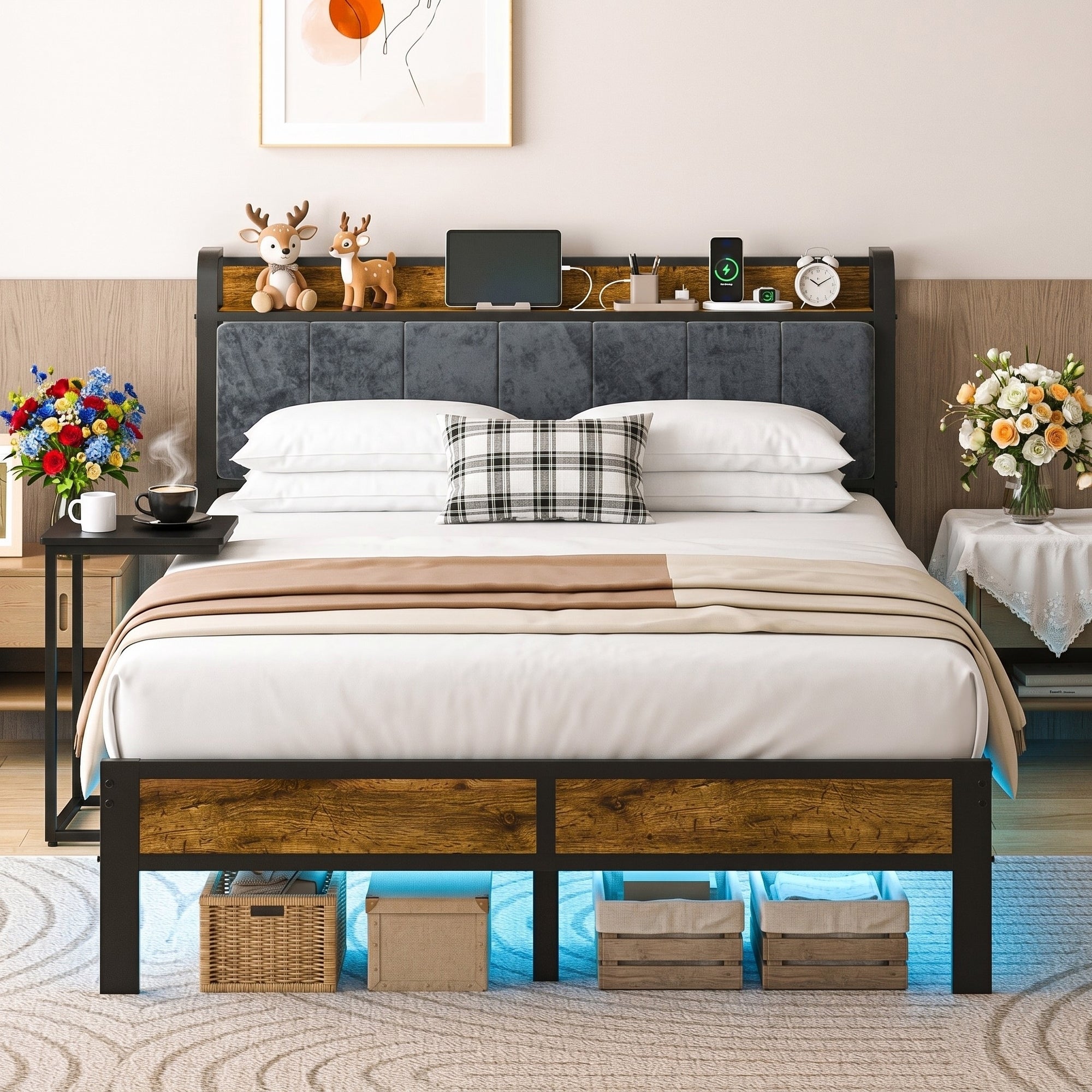 Bexfil Queen Size Platform Bed Frame with Storage Headboard, LED Bed Frame with Charging Station, Heavy Duty Metal, Noise-Free, No Box Spring Needed, Easy Assembly