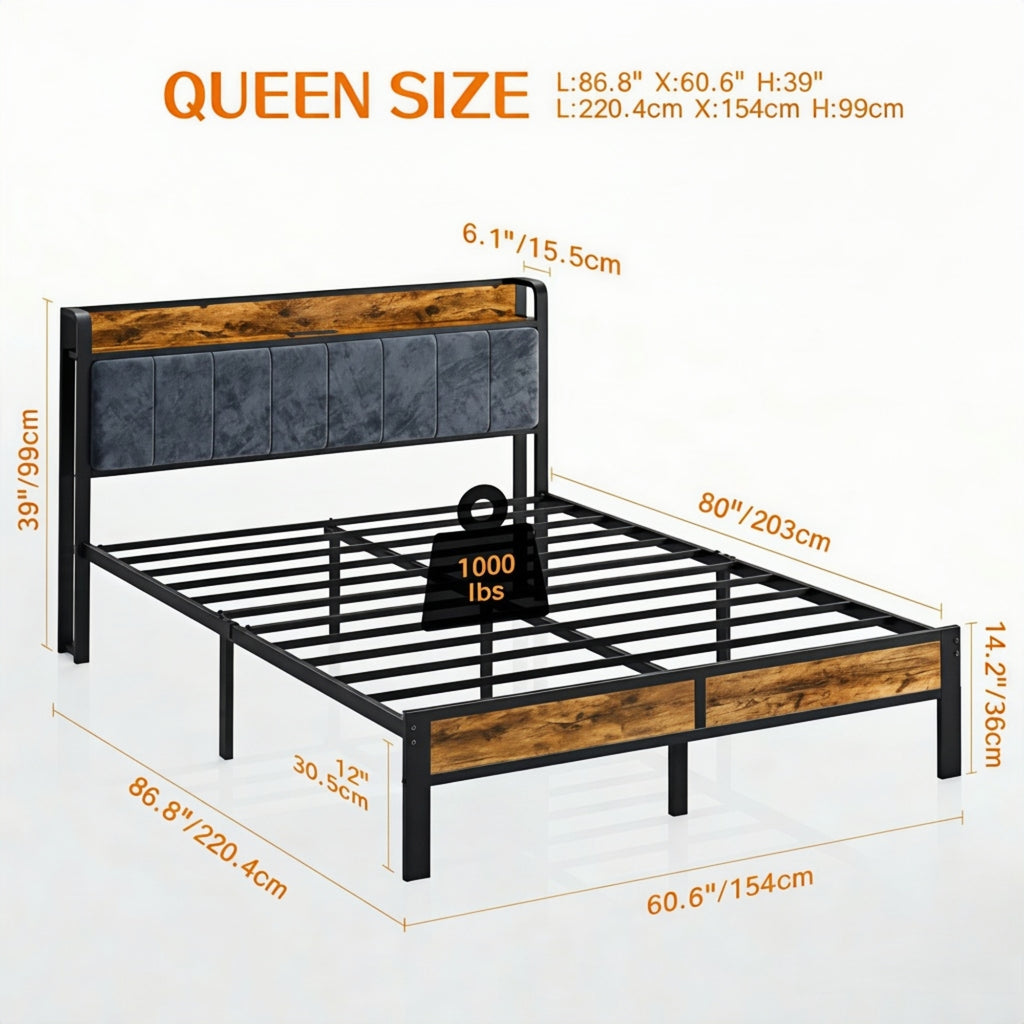 Dayago Queen Size Bed Frame with Upholstered, LED Light, Platform Bed with Charging Station, No Box Spring Required