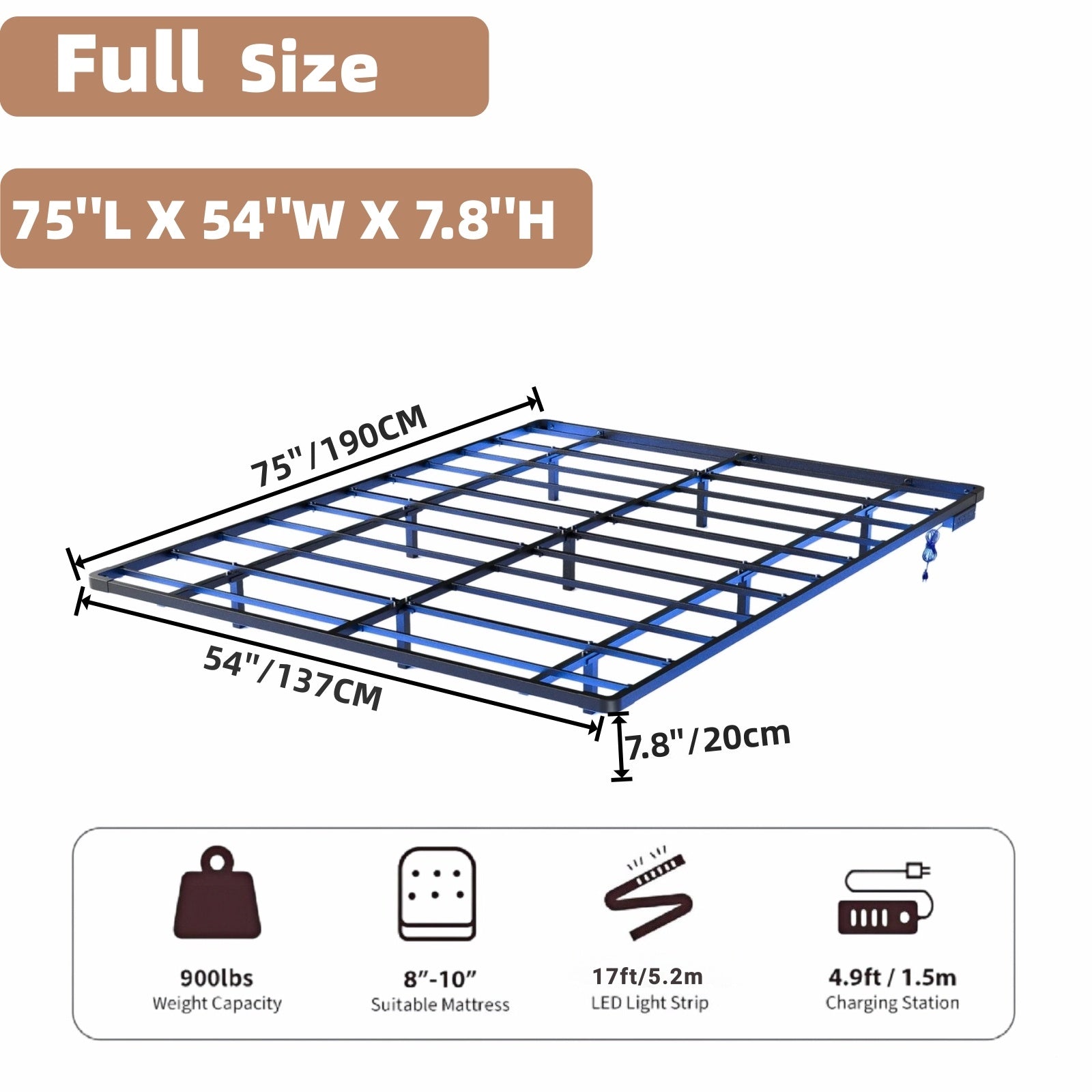 Kbun Full Size Floating Bed Frames with LED Lights and Charging Station, Black, Platform Bed Frame No Box Spring Needed, Noise-Free, Easy Assembly