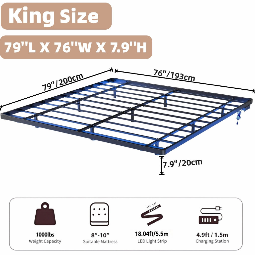 Kbun King Size Floating Bed Frames with LED Lights and Charging Station, Black, Platform Bed Frame No Box Spring Needed, Noise-Free, Easy Assembly