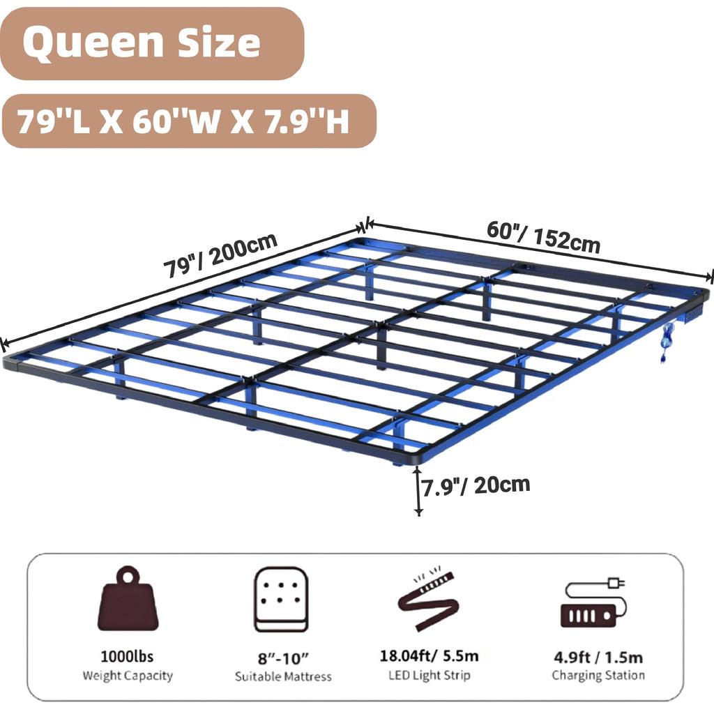 Kbun Queen Size Floating Bed Frames with LED Lights and Charging Station, Black, Platform Bed Frame No Box Spring Needed, Noise-Free, Easy Assembly