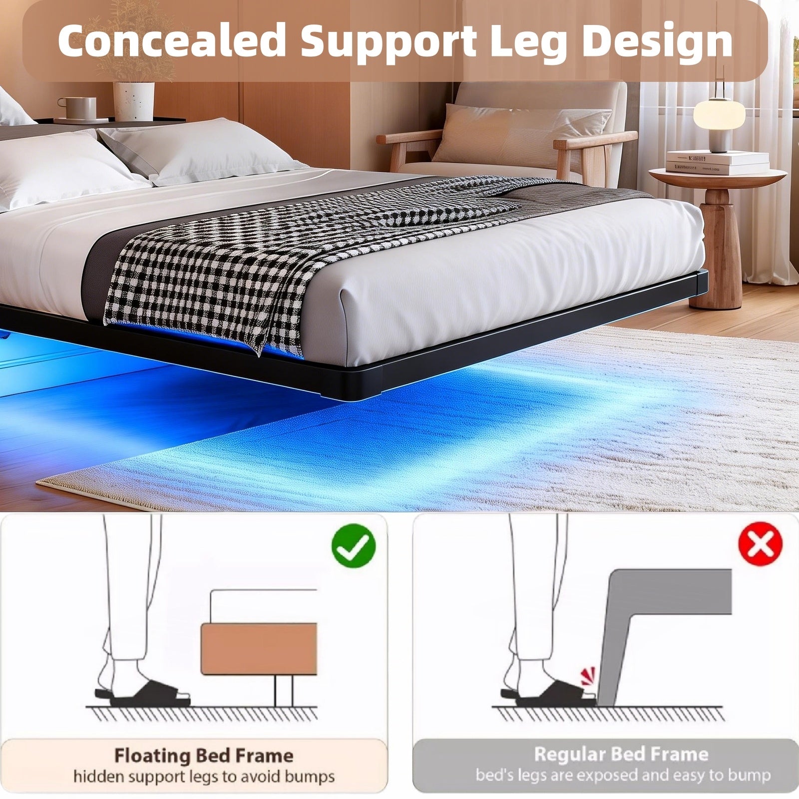 Kbun Twin Size Floating Bed Frames with LED Lights and Charging Station, Black, Platform Bed Frame No Box Spring Needed, Noise-Free, Easy Assembly
