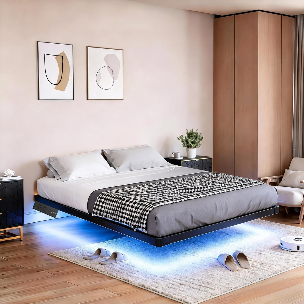 Kbun Full Size Floating Bed Frames with LED Lights and Charging Station, Black, Platform Bed Frame No Box Spring Needed, Noise-Free, Easy Assembly