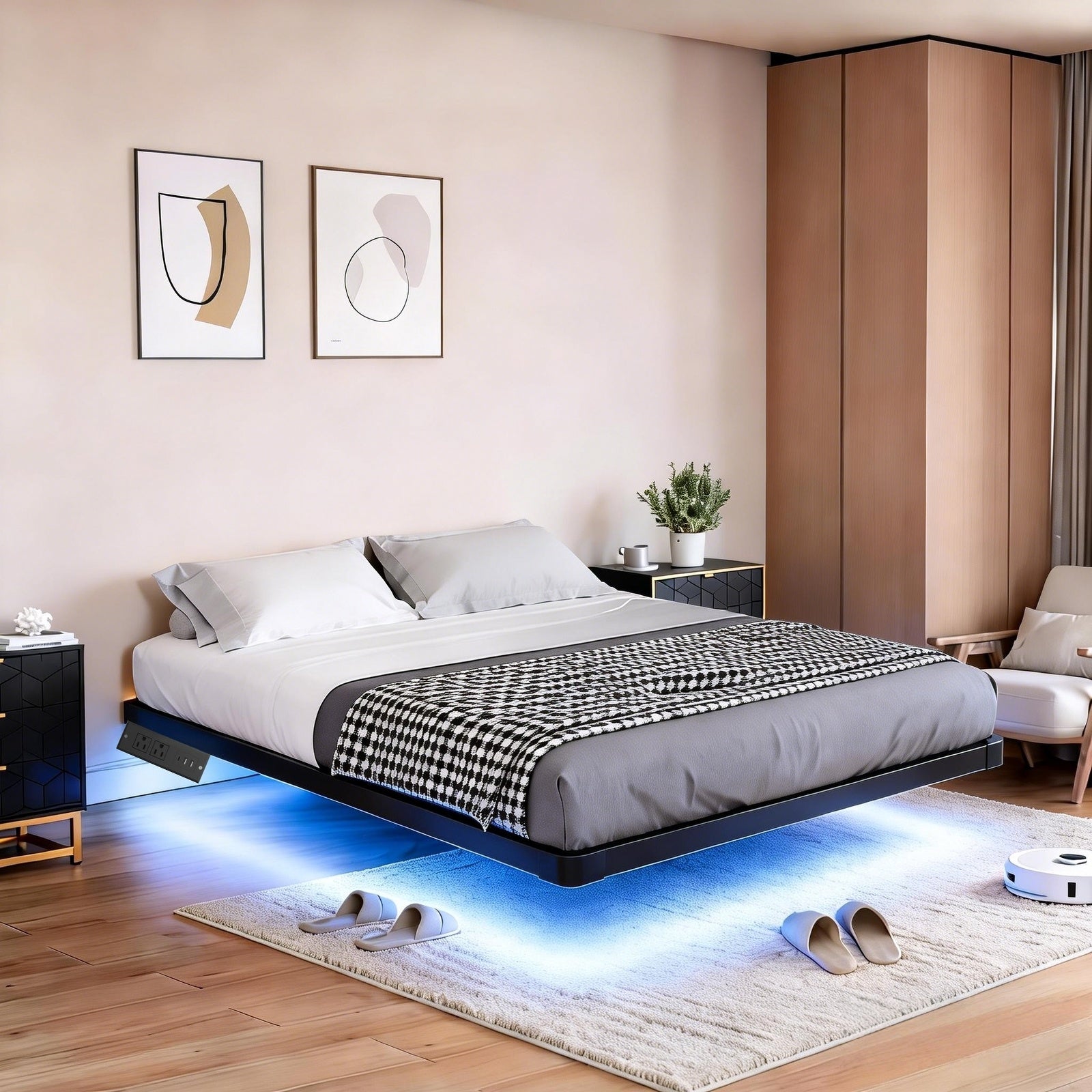 Kbun Full Size Floating Bed Frames with LED Lights and Charging Station, Black, Platform Bed Frame No Box Spring Needed, Noise-Free, Easy Assembly