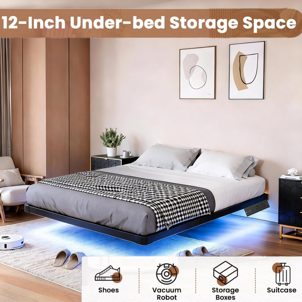 Kbun Twin Size Floating Bed Frames with LED Lights and Charging Station, Black, Platform Bed Frame No Box Spring Needed, Noise-Free, Easy Assembly