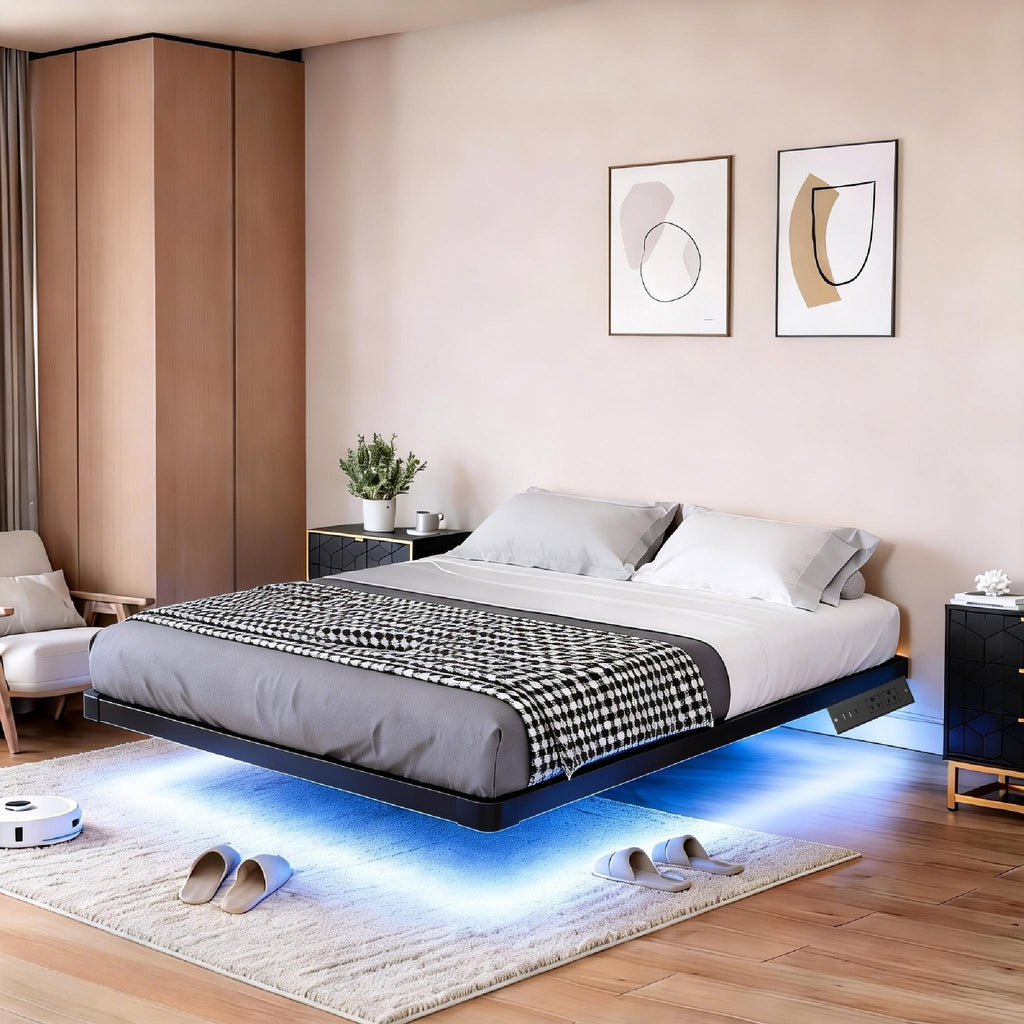 Kbun Queen Size Floating Bed Frames with LED Lights and Charging Station, Black, Platform Bed Frame No Box Spring Needed, Noise-Free, Easy Assembly