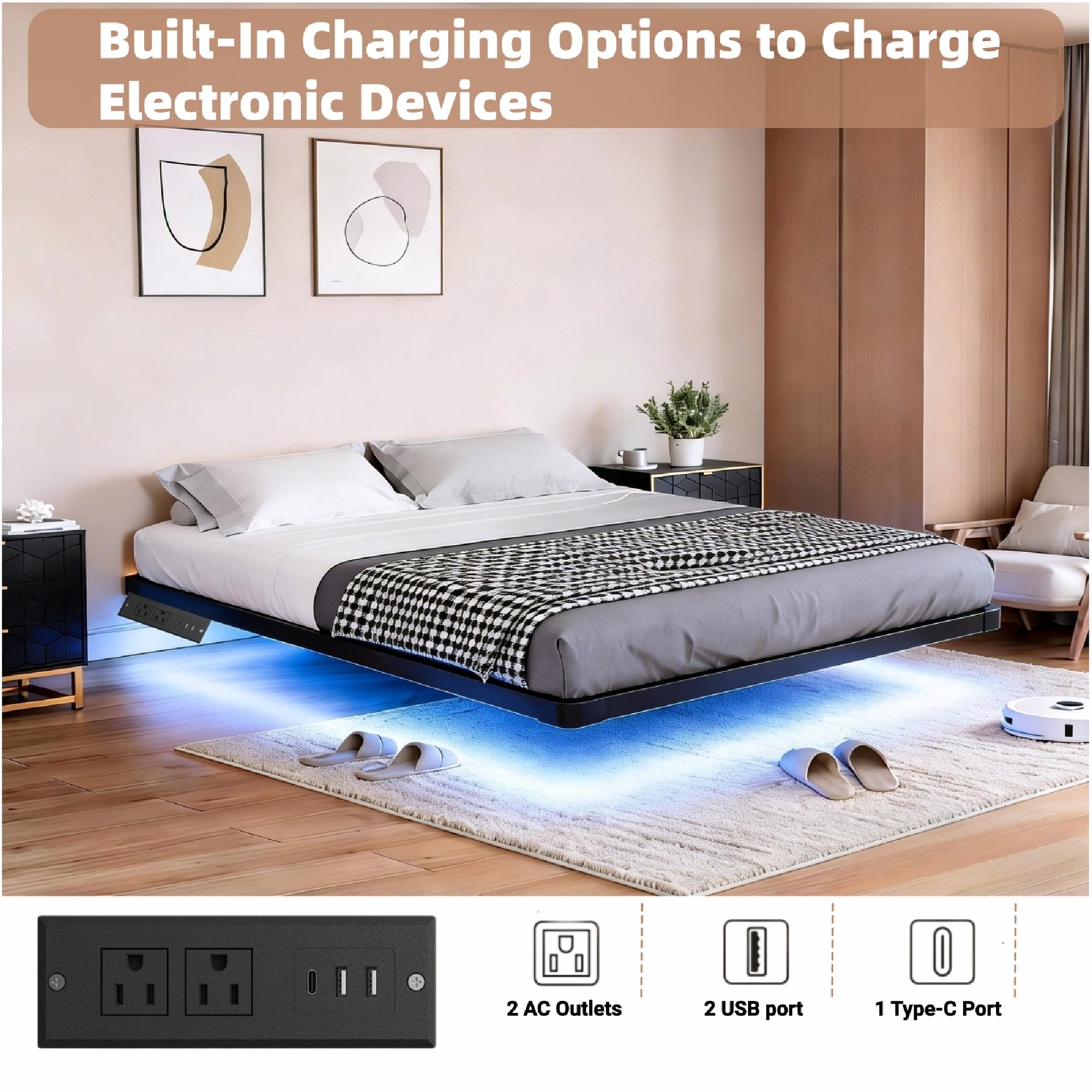 Kbun Queen Size Floating Bed Frames with LED Lights and Charging Station, Black, Platform Bed Frame No Box Spring Needed, Noise-Free, Easy Assembly