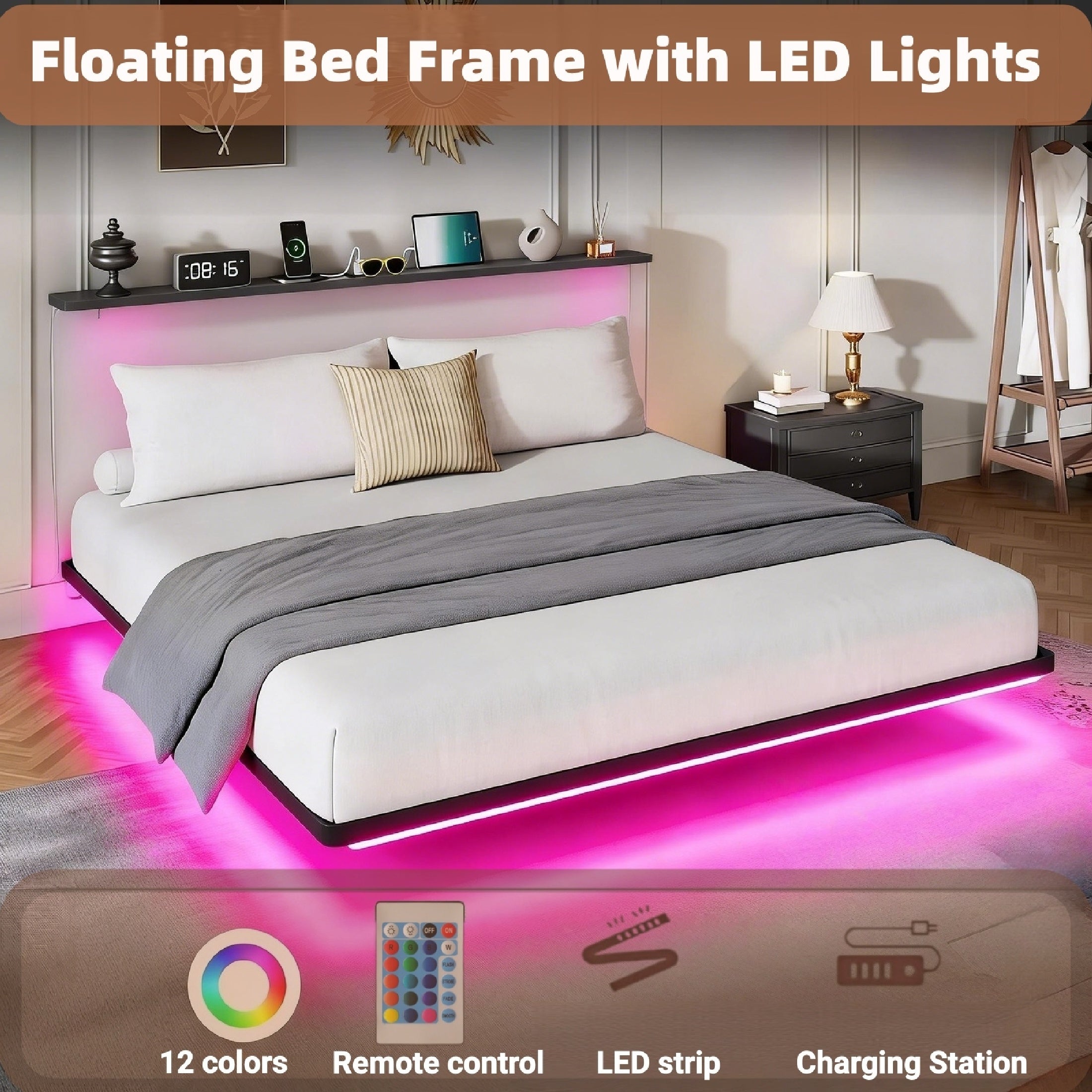 Kbun King Size Floating Bed Frames with LED Lights and Charging Station, Black, Platform Bed Frame No Box Spring Needed, Noise-Free, Easy Assembly