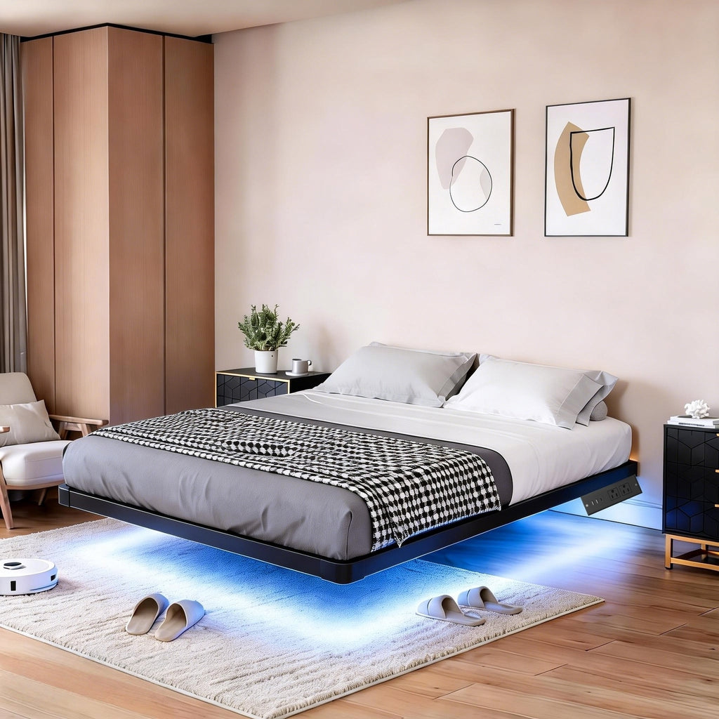 Kbun Full Size Floating Bed Frames with LED Lights and Charging Station, Black, Platform Bed Frame No Box Spring Needed, Noise-Free, Easy Assembly
