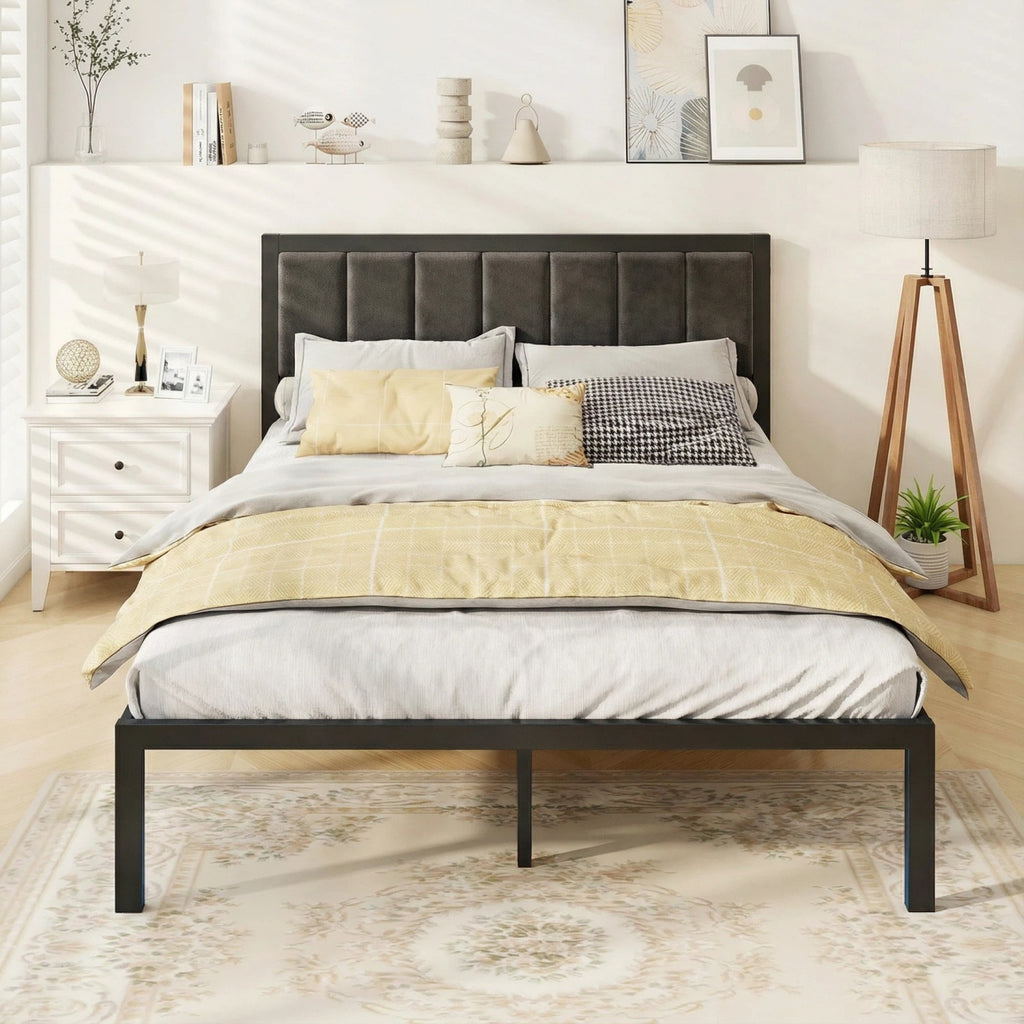 Dayago Queen Size Bed Frame with Upholstered Headboard, LED Light and USB Socket, No Box Spring Required