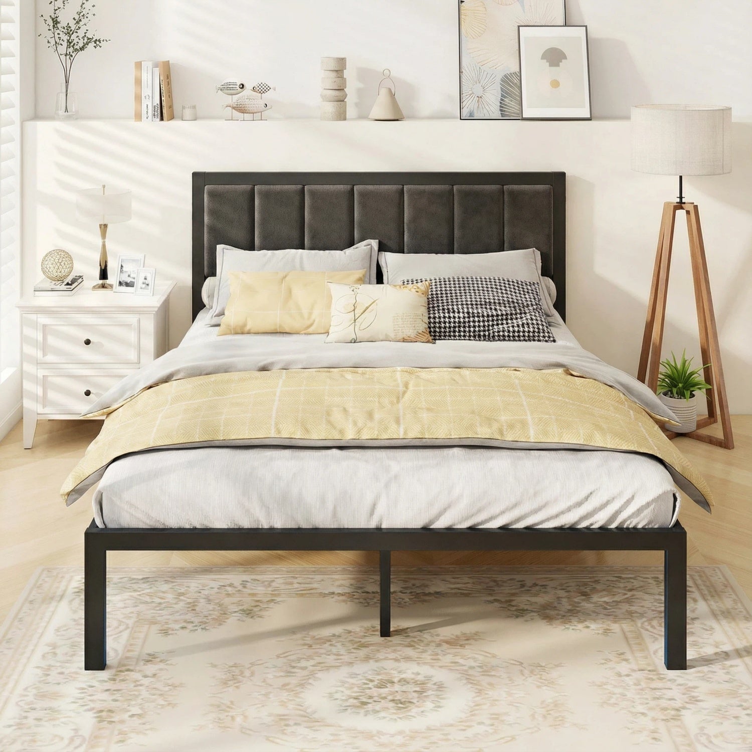 Dayago Queen Size Bed Frame with Upholstered Headboard, LED Light and USB Socket, No Box Spring Required