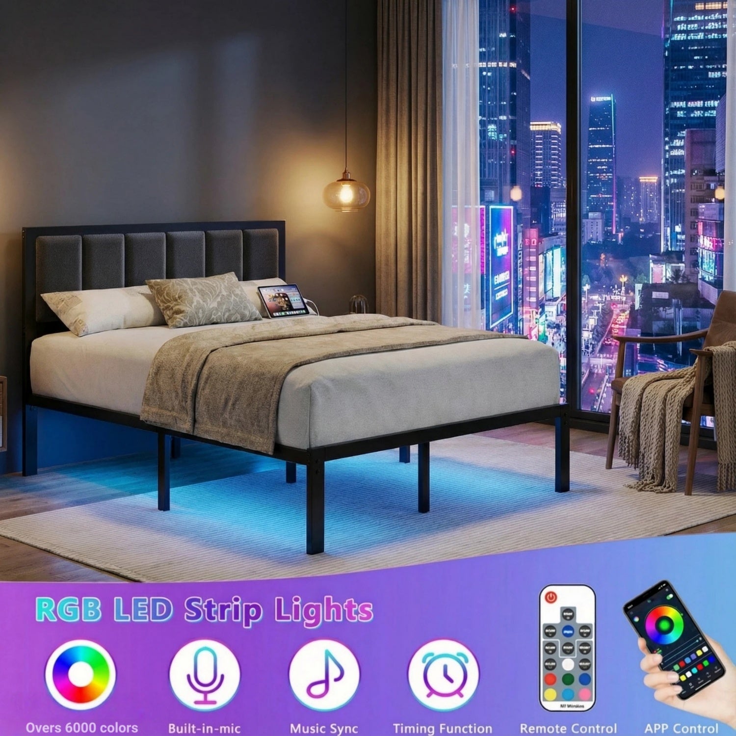 Dayago Full Size Bed Frame with Upholstered Headboard, Adjustable LED Lights and Power Outlet, No Box Spring Required