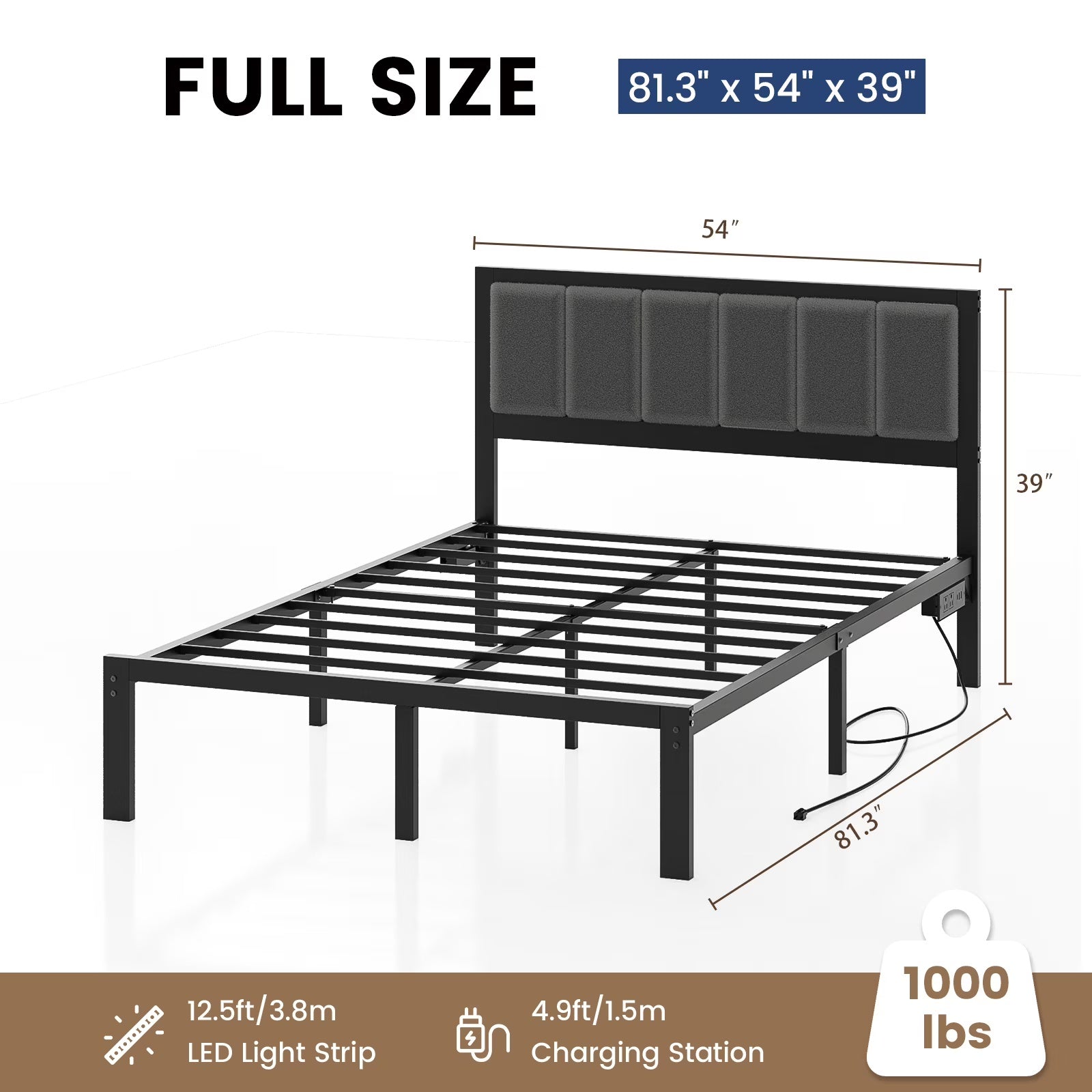 Dayago Full Size Bed Frame with Upholstered Headboard, Adjustable LED Lights and Power Outlet, No Box Spring Required