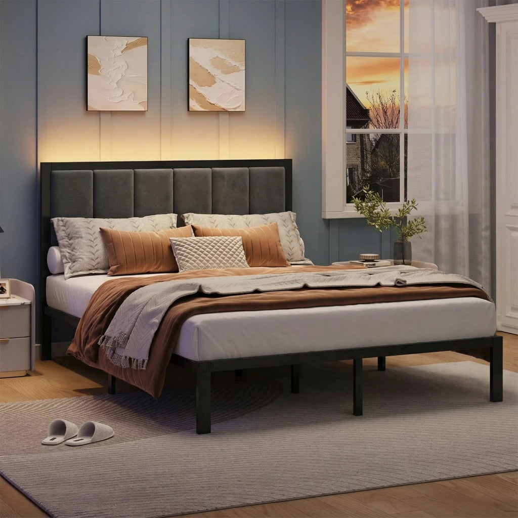Dayago Queen Size Bed Frame with Upholstered Headboard, LED Light and USB Socket, No Box Spring Required