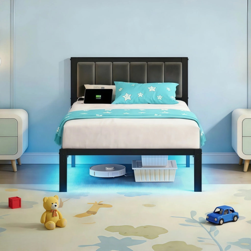 Dayago Twin Size Bed Frame with Upholstered Headboard, Adjustable LED Lights and Power Outlet, No Box Spring Required