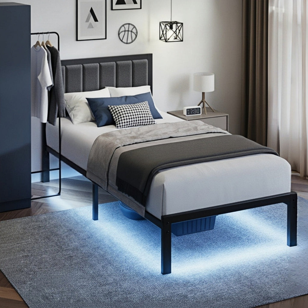 Dayago Twin Size Bed Frame with Upholstered Headboard, Adjustable LED Lights and Power Outlet, No Box Spring Required