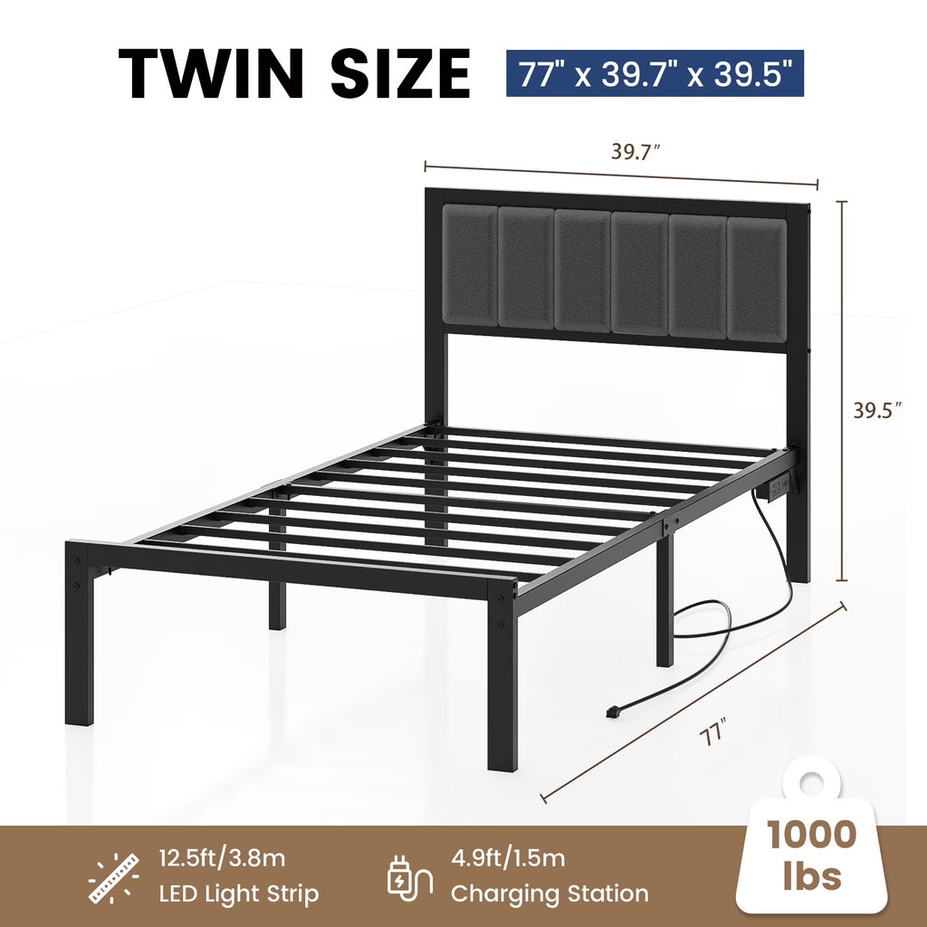 Dayago Twin Size Bed Frame with Upholstered Headboard, Adjustable LED Lights and Power Outlet, No Box Spring Required
