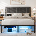 Kbun Queen Bed Frame with Headboard, Outlets and LED Lights, Heavy Duty Metal Platform with Storage Space Under Frame, No Box Spring Needed, Noise Free, Gray