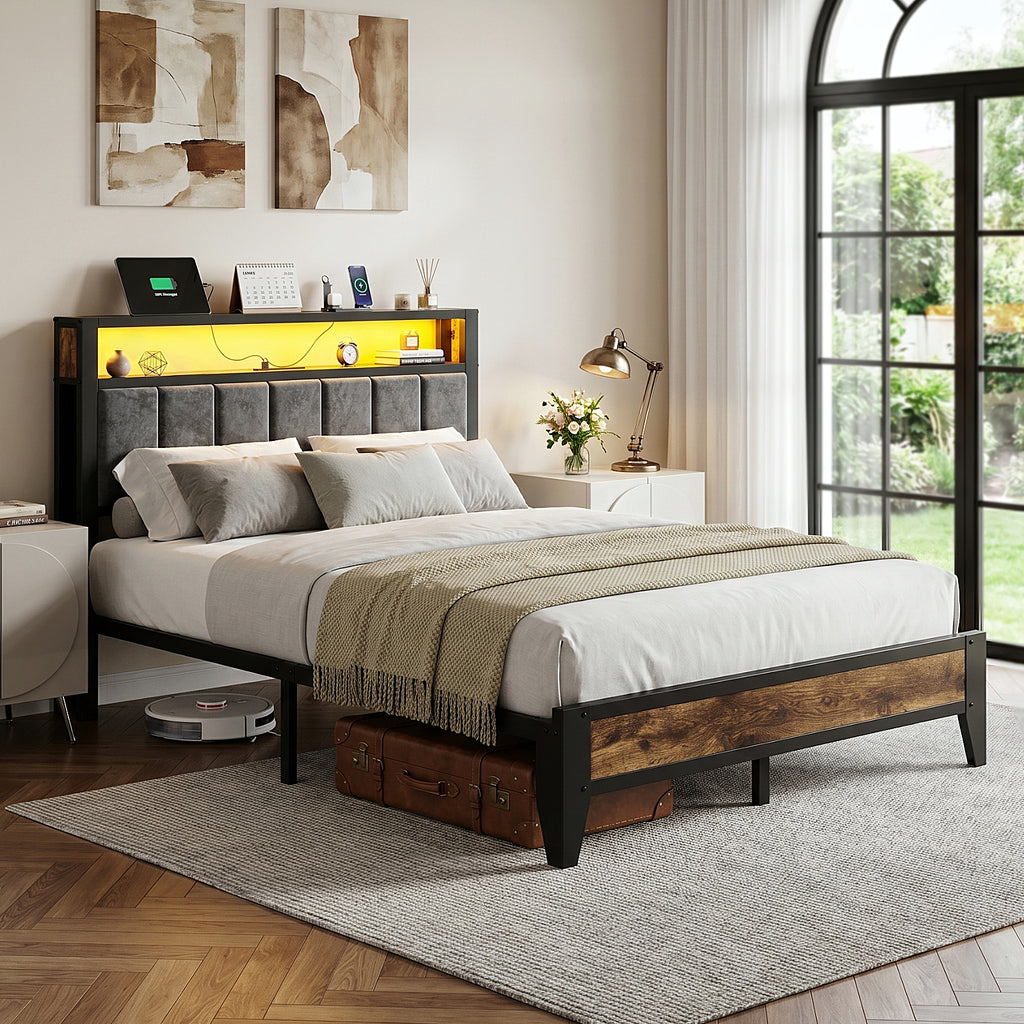 Bexfil Full Size Bed Frame with Charging Station Storage Headboard, Industrial Platform Bed Great Support and Long-Term durability, Weight Capacity of 1600 lbs