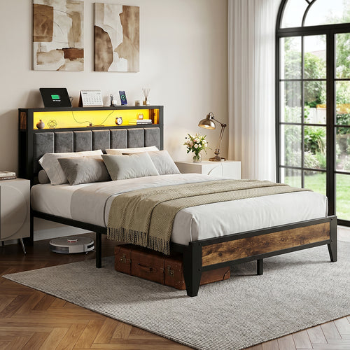 Bexfil Full Size Bed Frame with Charging Station Storage Headboard, Industrial Platform Bed Great Support and Long-Term durability, Weight Capacity of 1600 lbs