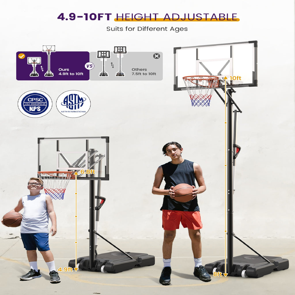 FirstAsk 44" Portable Basketball Hoop and Stand, Adjustable Height 4.9-10 ft, Basketball Goal System with PC Backboard Material for Kids, Teens and Adults