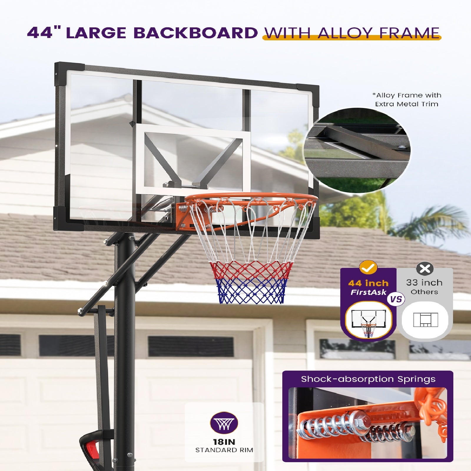 FirstAsk 44" Portable Basketball Hoop and Stand, Adjustable Height 4.9-10 ft, Basketball Goal System with PC Backboard Material for Kids, Teens and Adults
