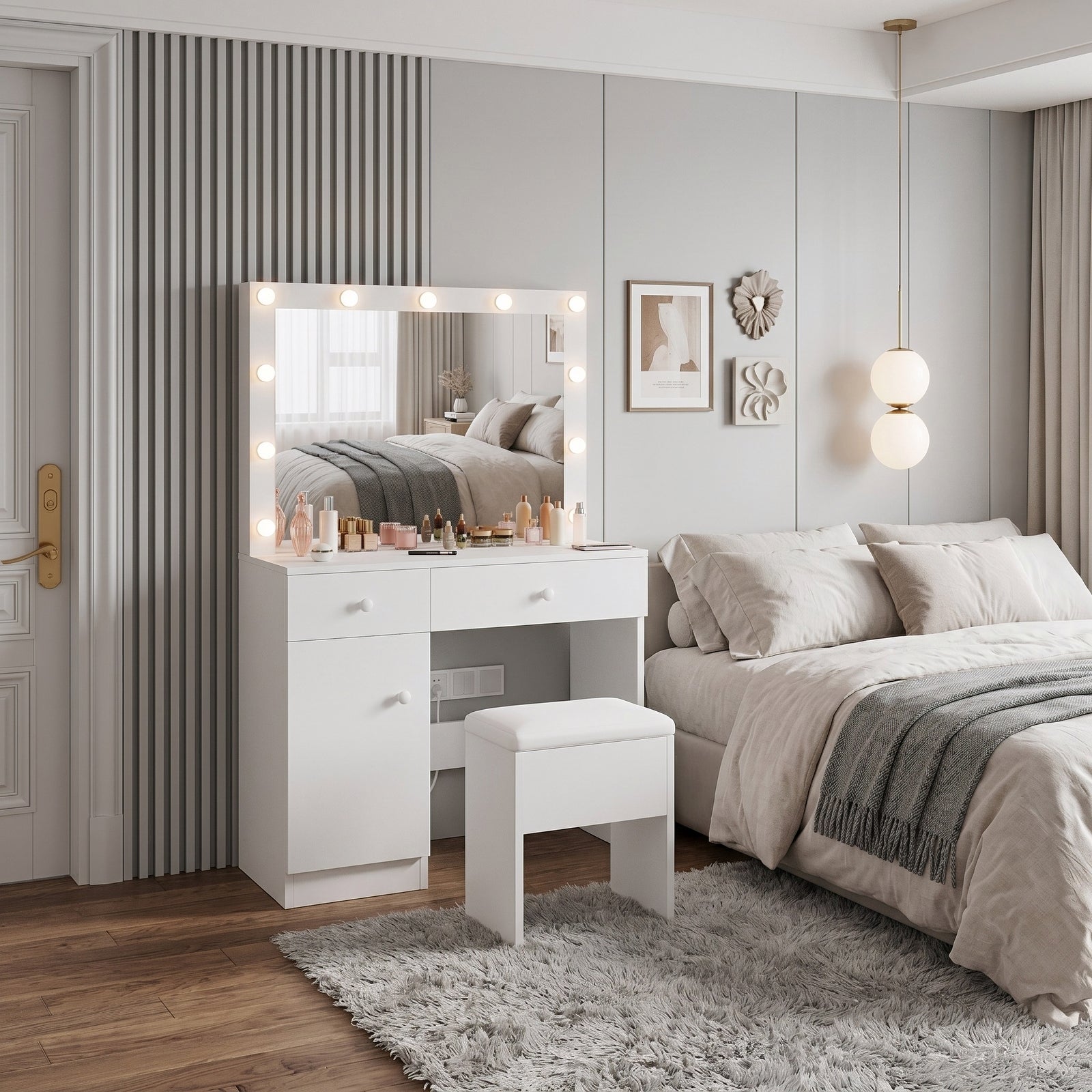 Bexfil Make up Vanity Desk with Mirror and Power Outlet, White Vanity Set with 3 Color Light Options Adjustable Brightness,Vanity Desk with 2 Drawers, 1 Storage Cabinets