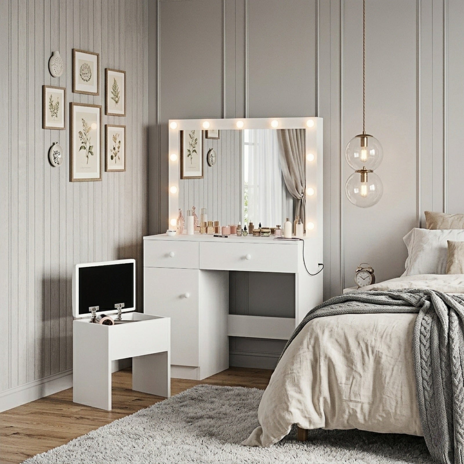 Bexfil Make up Vanity Desk with Mirror and Power Outlet, White Vanity Set with 3 Color Light Options Adjustable Brightness,Vanity Desk with 2 Drawers, 1 Storage Cabinets