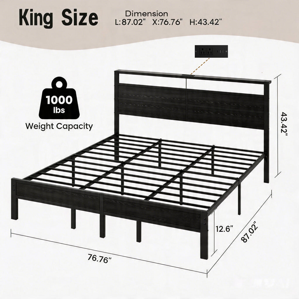 Dayago King Bed Frames with Charging Station and LED Lights, King Size Wood Headboard Platform Bed with Metal Slats, No Box Spring Needed and Noise Free, Black Oak