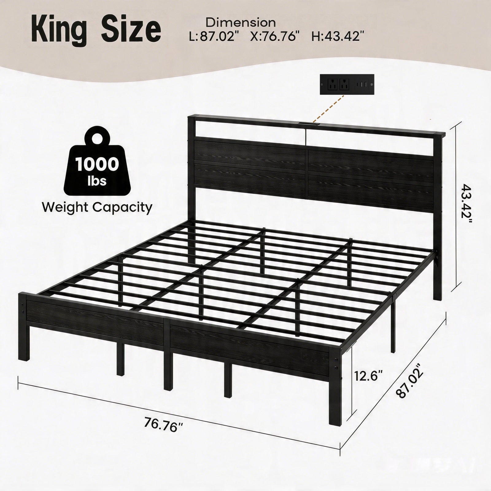 Dayago King Bed Frames with Charging Station and LED Lights, King Size Wood Headboard Platform Bed with Metal Slats, No Box Spring Needed and Noise Free, Black Oak