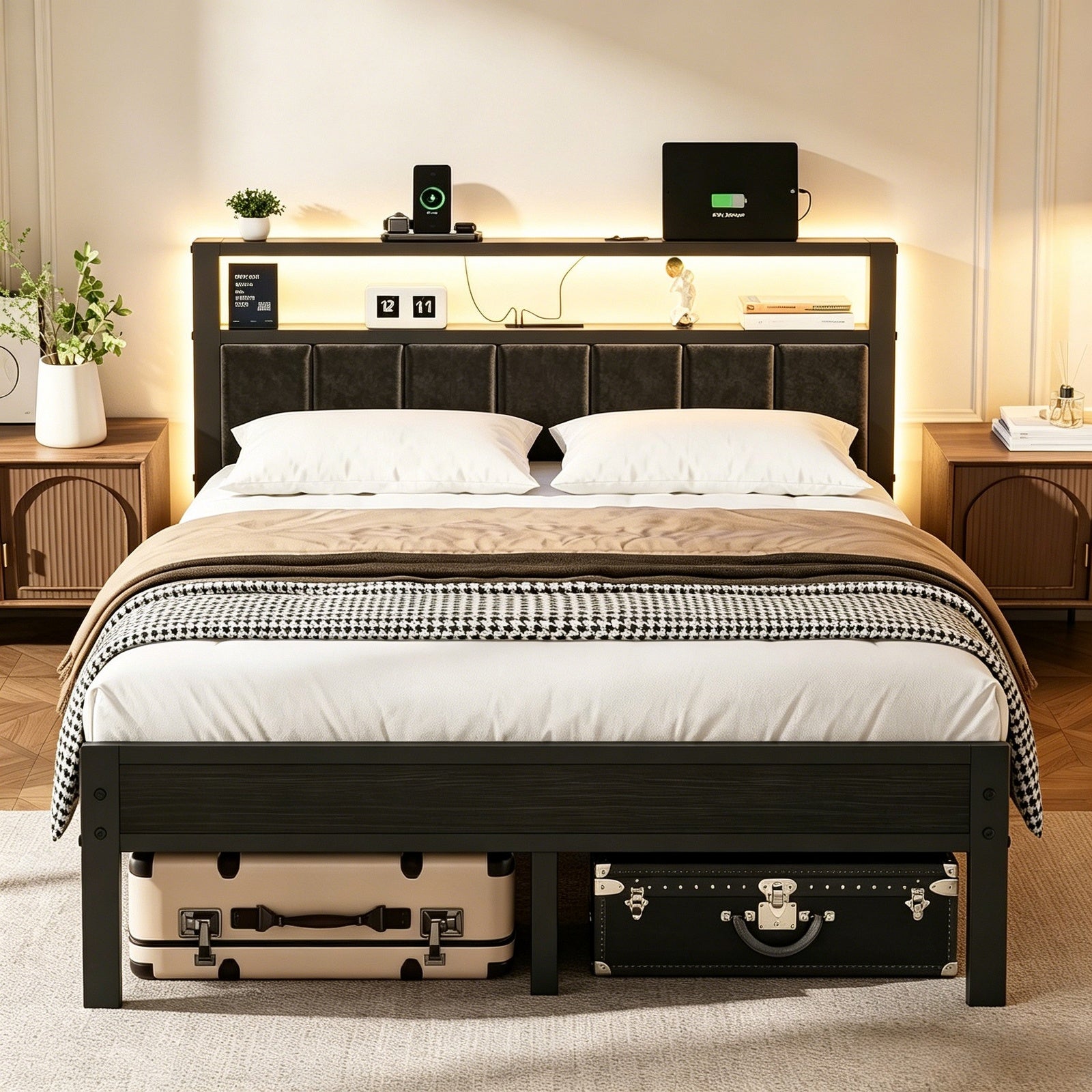 Bexfil Full Size Bed Frame with LED Lights, Charging Station and Shelf Upholstered Headboard, Heavy Duty Metal Platform Bed, Noise Free, No Box Spring Needed, Black
